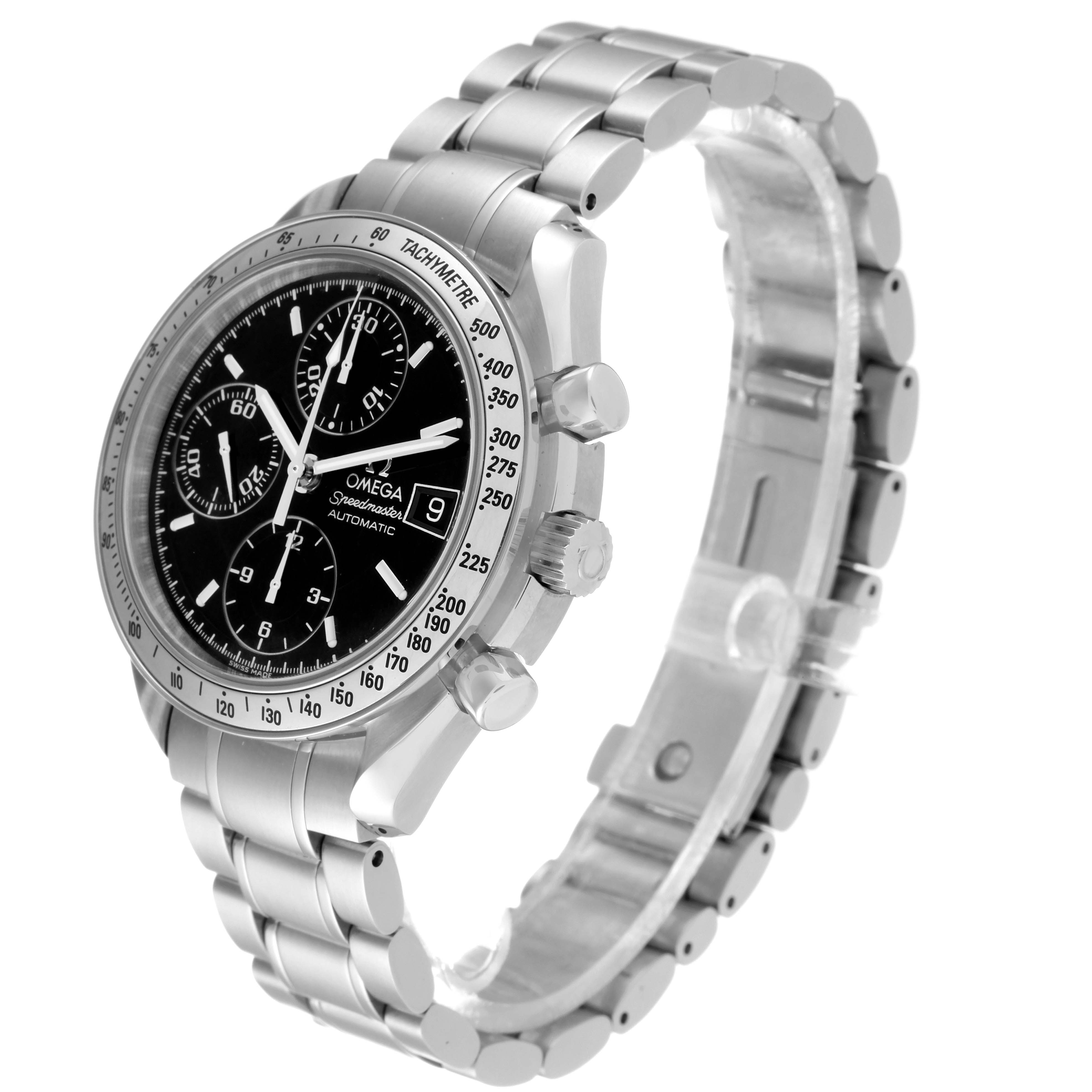 The Omega Speedmaster 3513.50.00 Men
s Stainless Steel Black Dial 3513.50.00 Men
s Stainless Steel Black Dial watch is shown from a right-angle view, highlighting its dial, bezel, crown, and stainless steel bracelet.