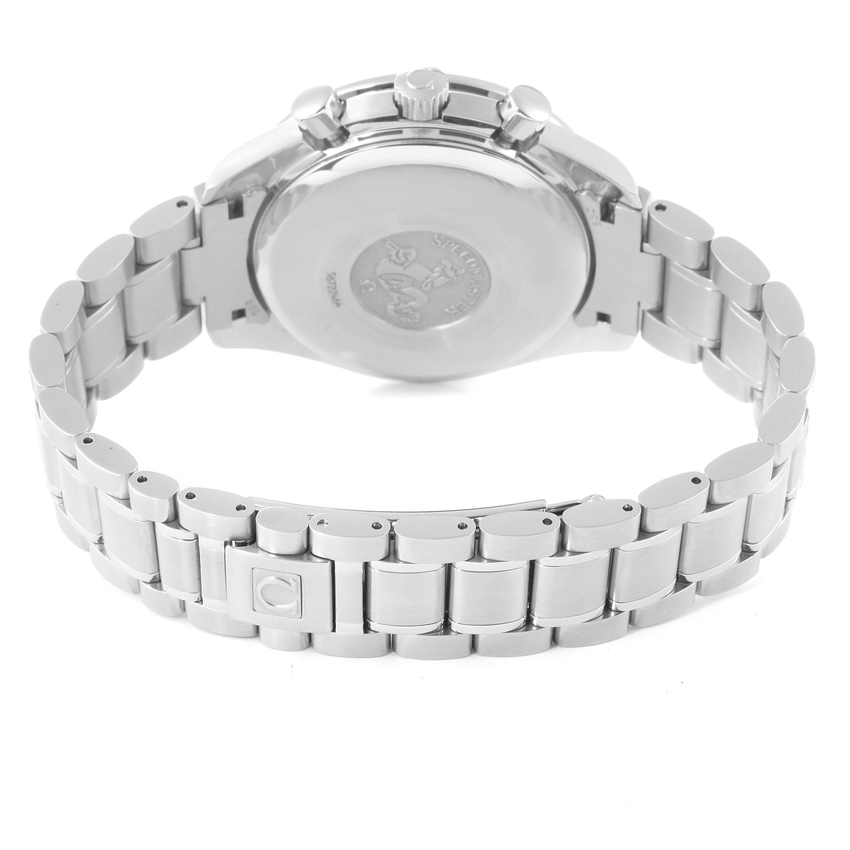 The image shows the back view of an Omega Speedmaster 3513.50.00 Men
s Stainless Steel Black Dial 3513.50.00 Men
s Stainless Steel Black Dial watch, highlighting its stainless steel case back and bracelet.