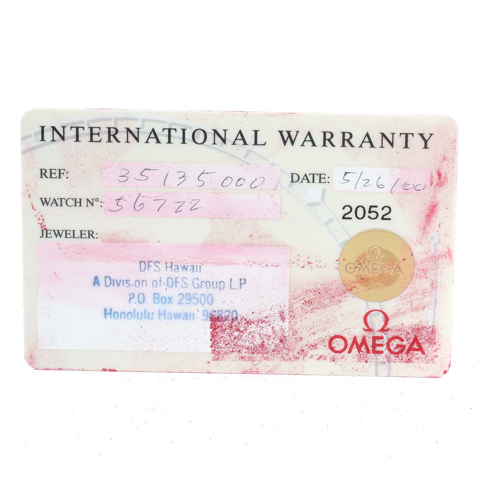 The image shows the international warranty card for an Omega Speedmaster 3513.50.00 Men
s Stainless Steel Black Dial 3513.50.00 Men
s Stainless Steel Black Dial watch.