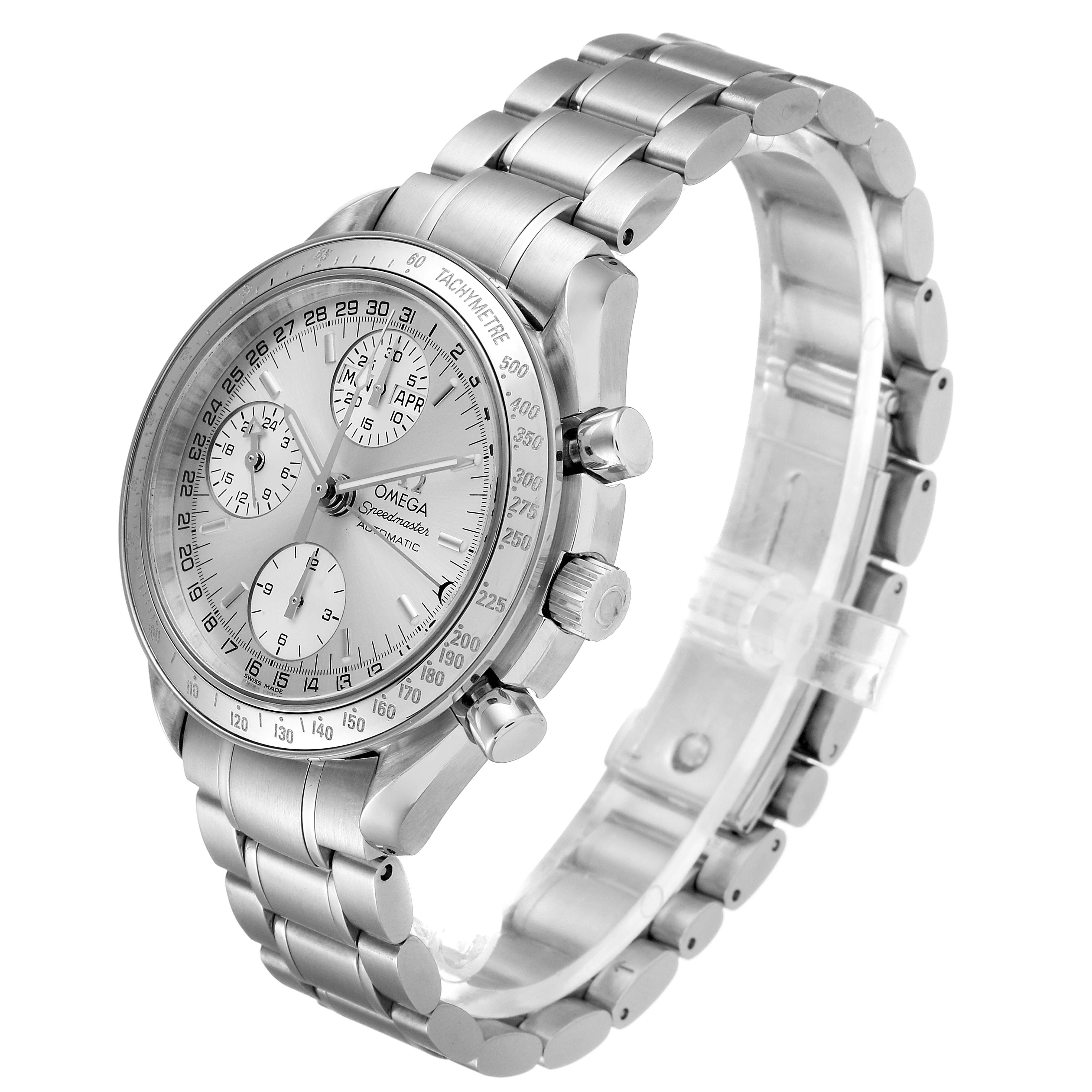 The image shows an angled side view of the Omega Speedmaster 3523.30.00 Men's Stainless Steel Silver Dial 3523.30.00 Men's Stainless Steel Silver Dial watch, highlighting its stainless steel case, tachymeter bezel, and metal bracelet.