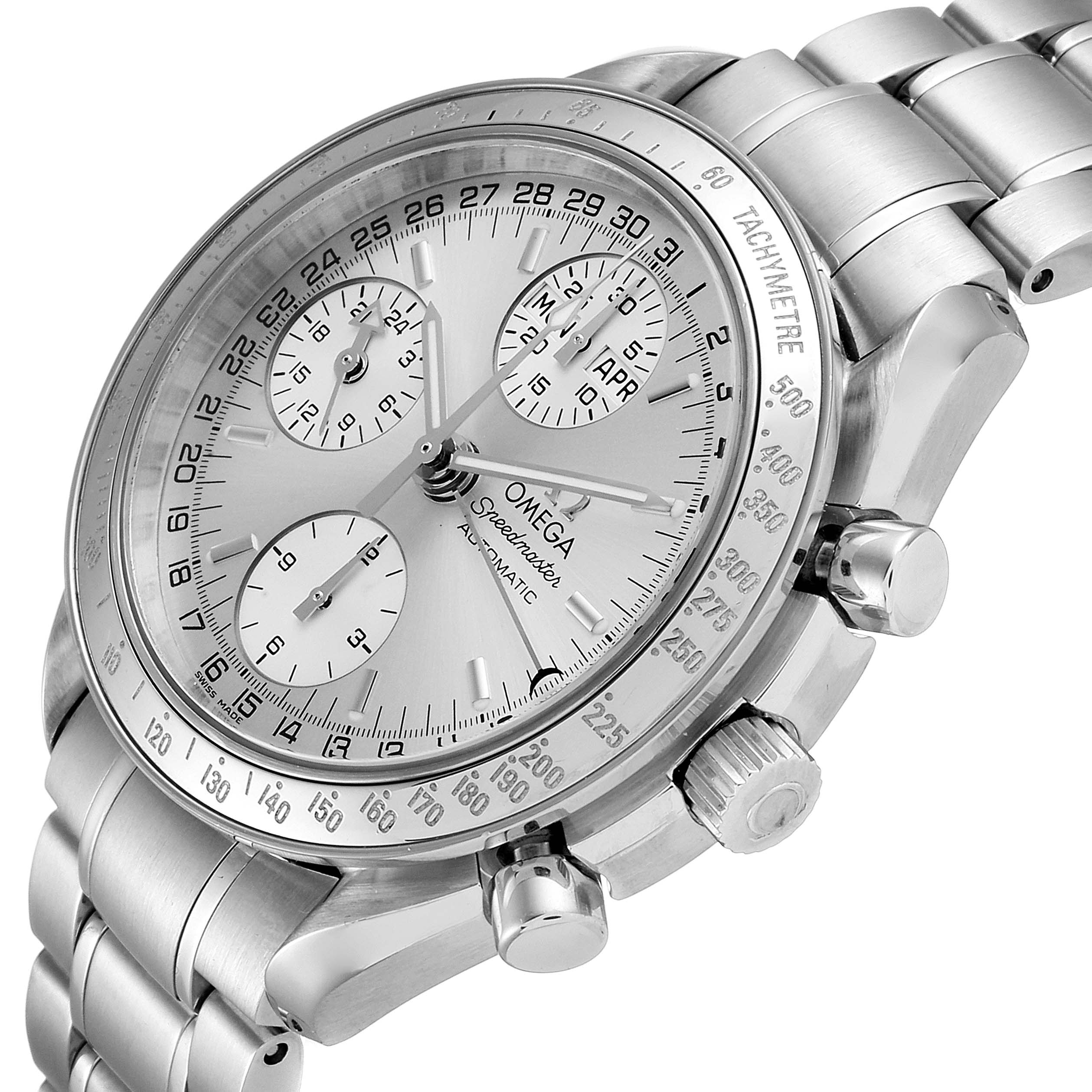 This Omega Speedmaster 3523.30.00 Men's Stainless Steel Silver Dial 3523.30.00 Men's Stainless Steel Silver Dial watch is shown at an angled view, highlighting its face, tachymeter, buttons, and metal bracelet.