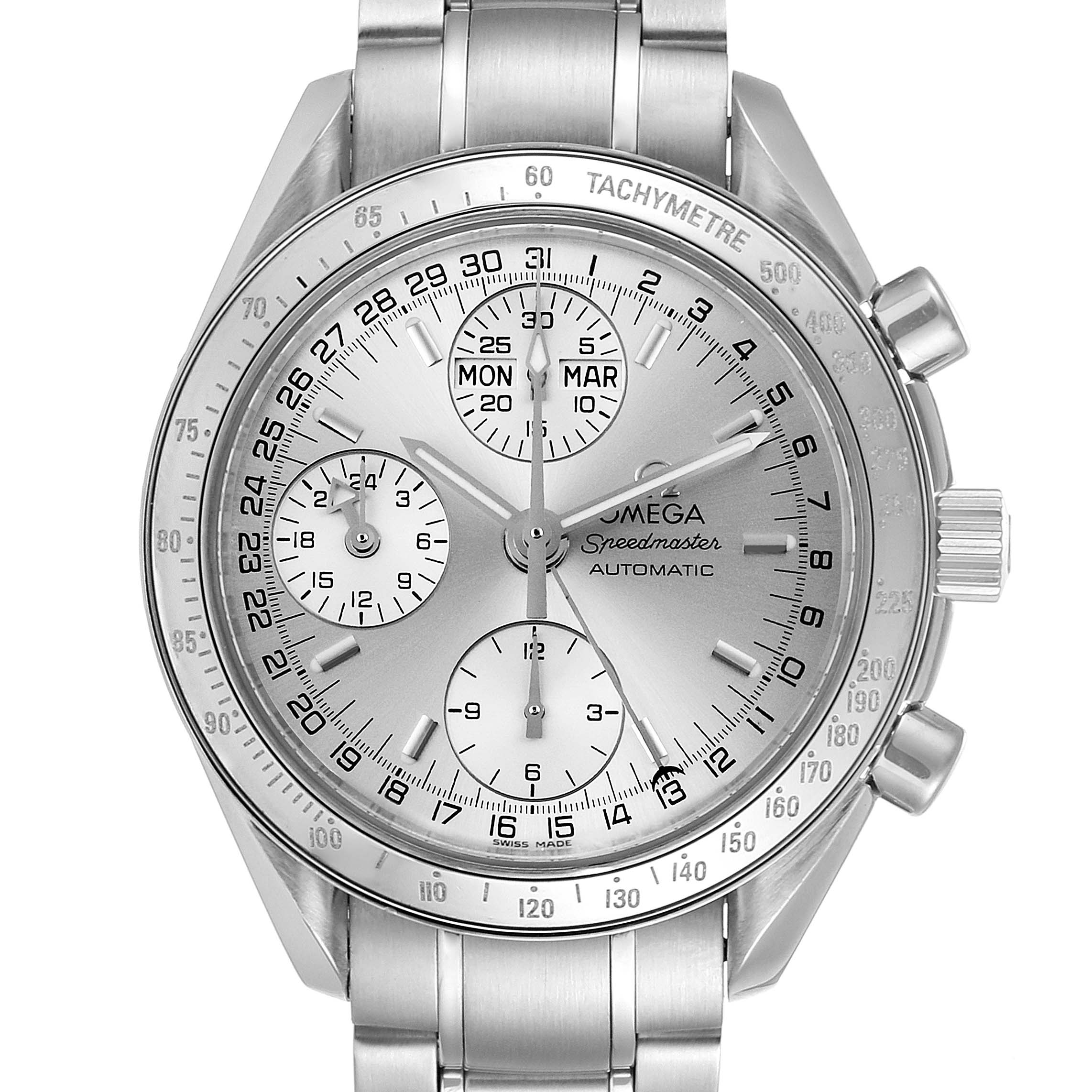 The image shows a frontal close-up of the Omega Speedmaster 3523.30.00 Men's Stainless Steel Silver Dial 3523.30.00 Men's Stainless Steel Silver Dial watch, detailing its face, subdials, and tachymeter bezel.