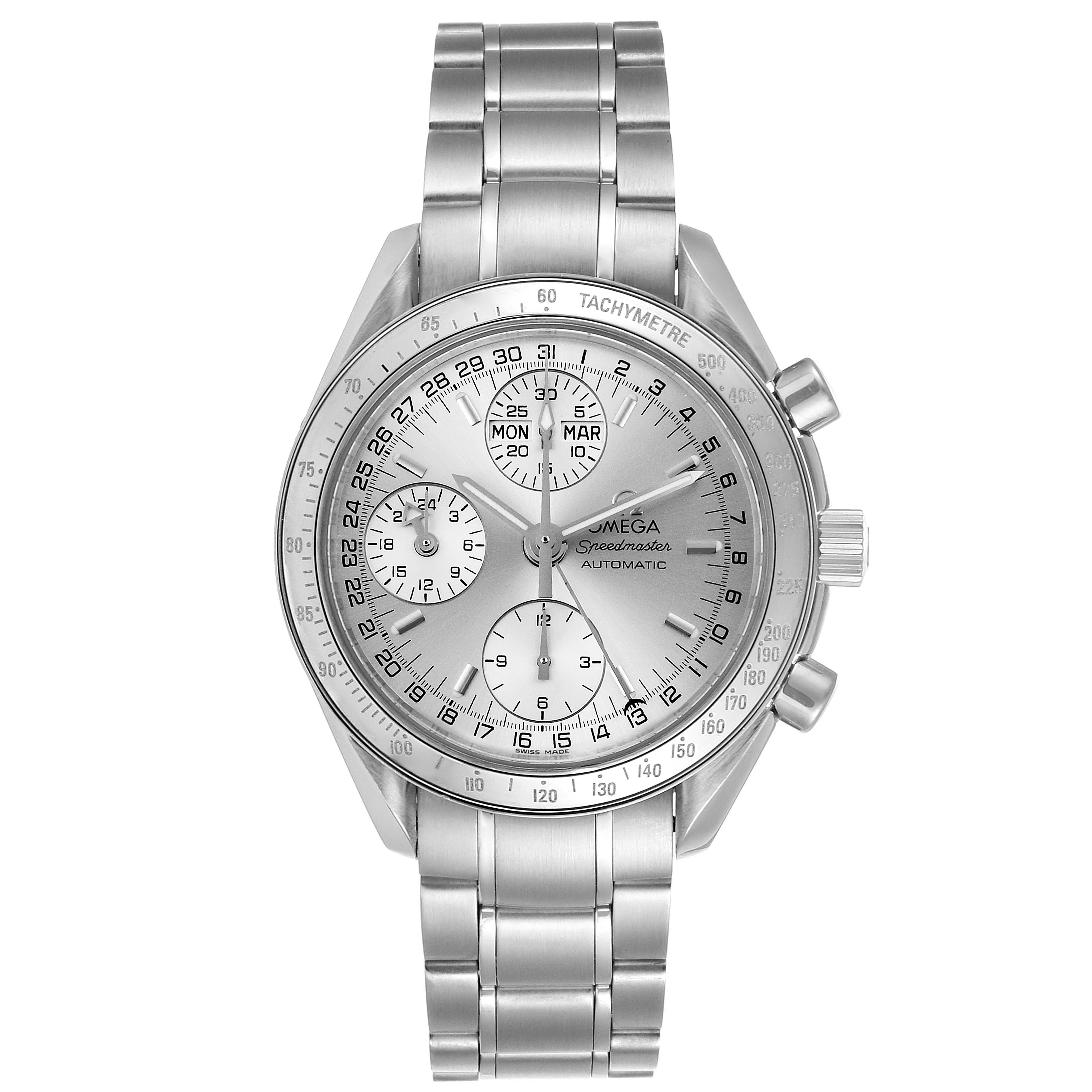 The image shows a front view of an Omega Speedmaster 3523.30.00 Men's Stainless Steel Silver Dial 3523.30.00 Men's Stainless Steel Silver Dial watch, including its dial, bezel, and metal bracelet.