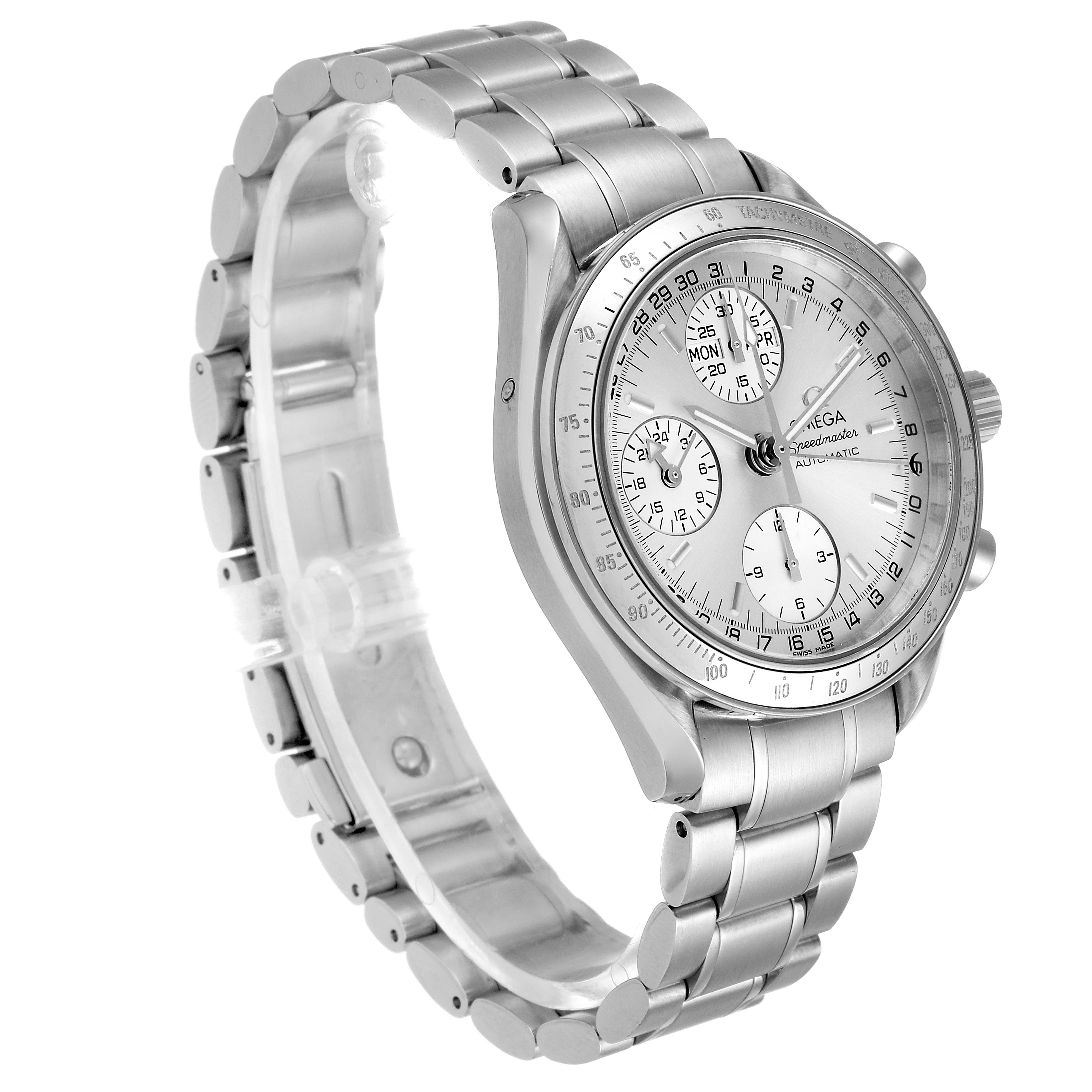 The image shows a front angled view of the Omega Speedmaster 3523.30.00 Men's Stainless Steel Silver Dial 3523.30.00 Men's Stainless Steel Silver Dial wristwatch, displaying its face and stainless steel bracelet.