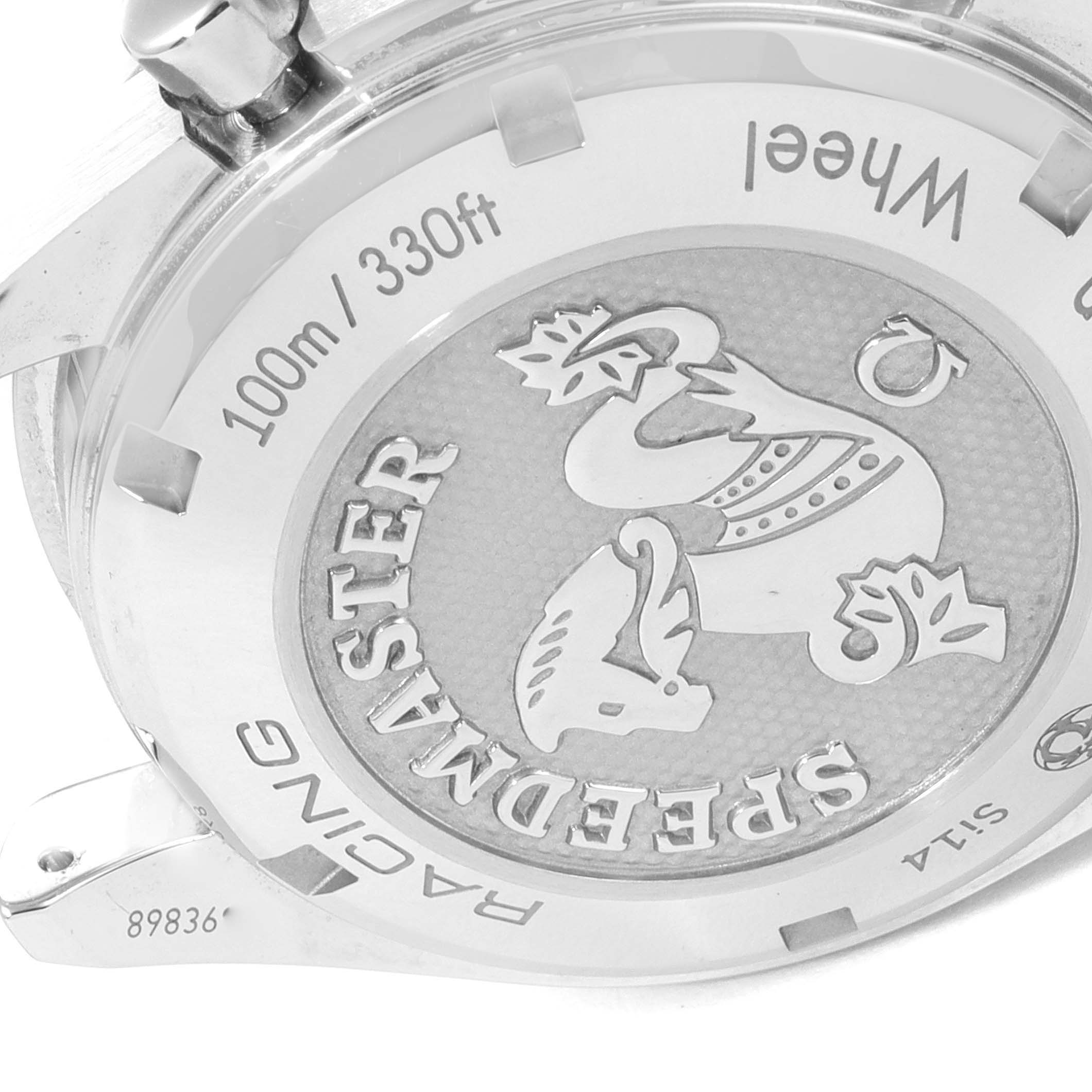 This image displays the back case of an Omega Speedmaster 326.30.40.50.06.001 Men's Stainless Steel Grey Dial 326.30.40.50.06.001 Men's Stainless Steel Grey Dial watch, highlighting its engraving and water resistance details.