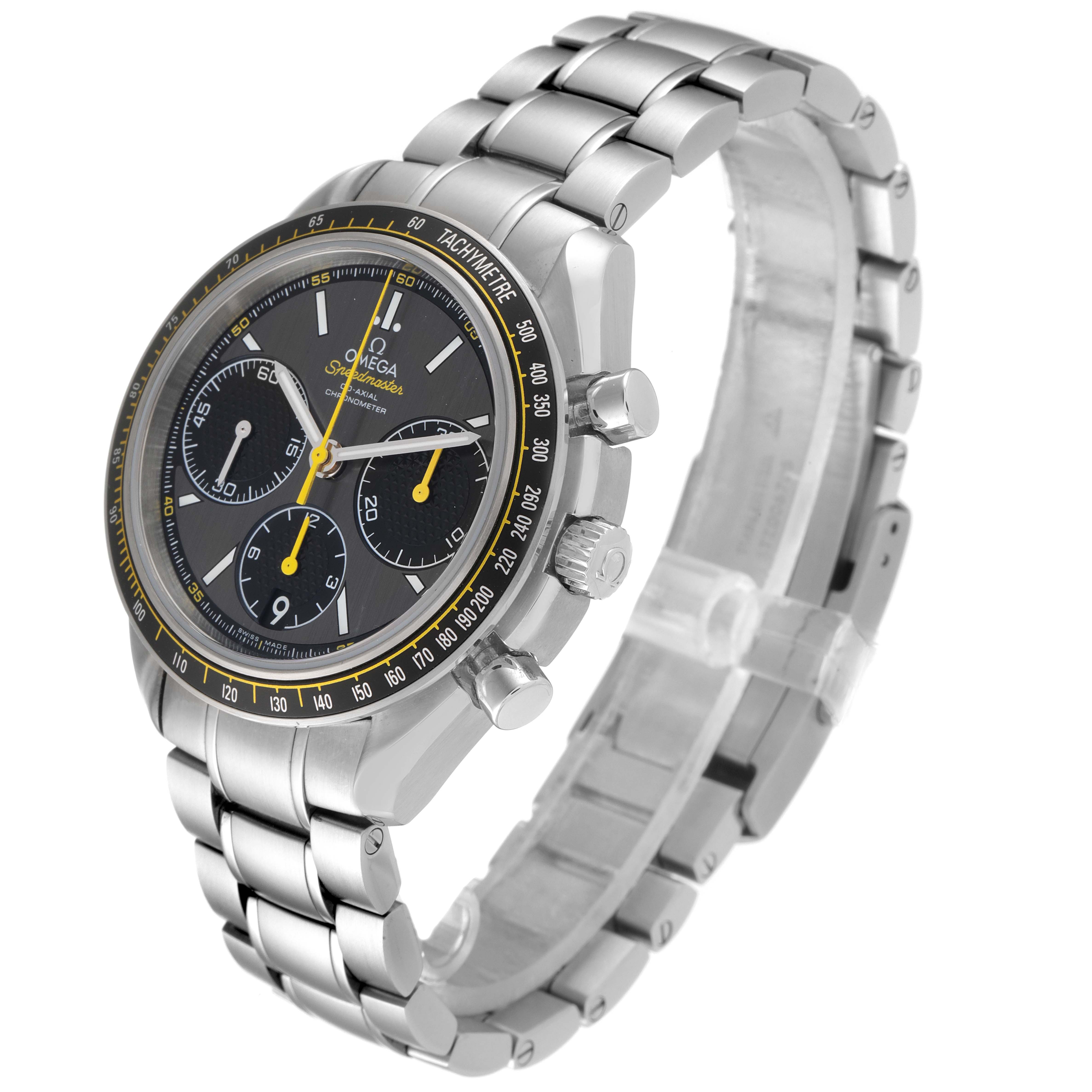 The image shows an angled view of the Omega Speedmaster 326.30.40.50.06.001 Men's Stainless Steel Grey Dial 326.30.40.50.06.001 Men's Stainless Steel Grey Dial watch, highlighting the face, bezel, case, pushers, crown, and bracelet.