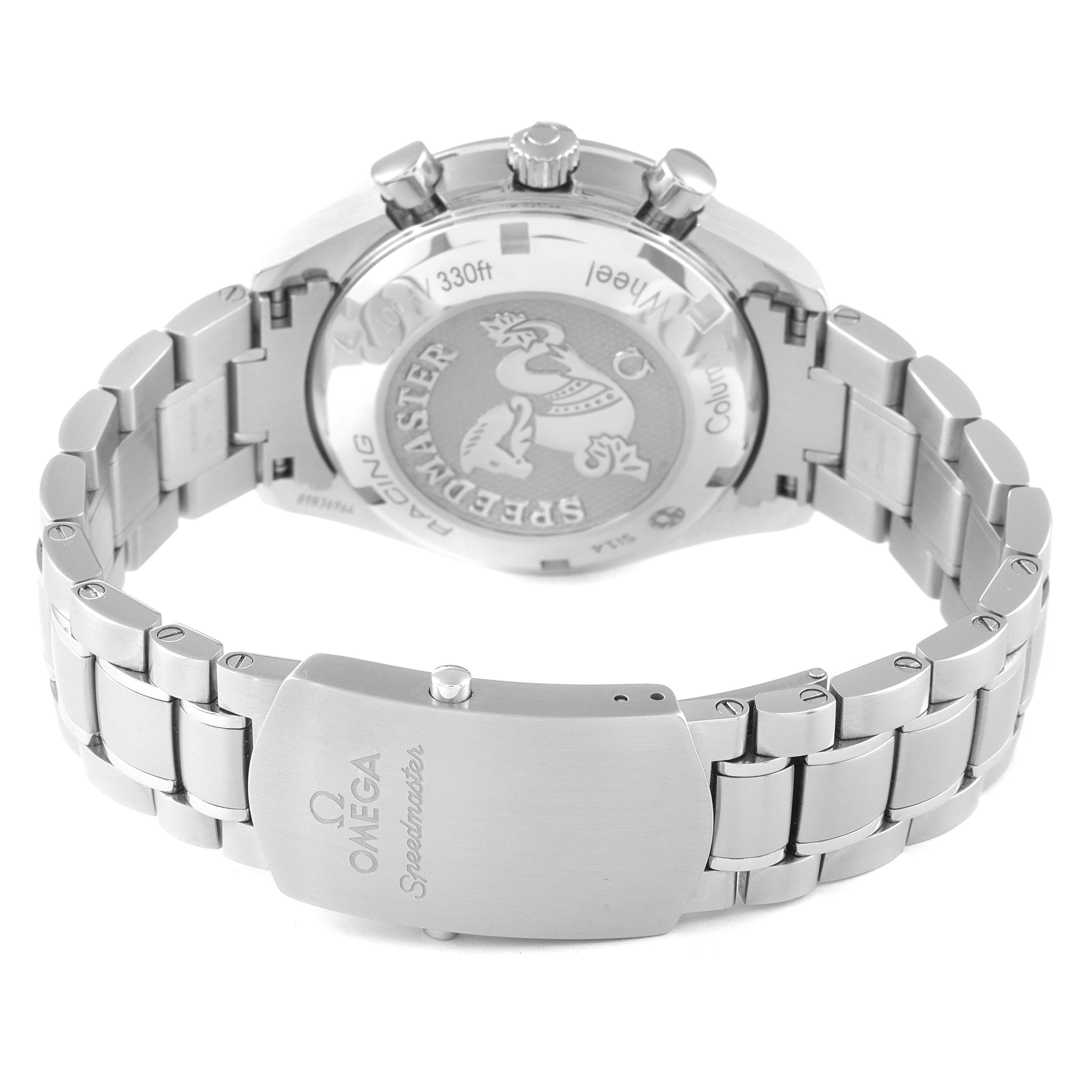The image shows the back case and bracelet of the Omega Speedmaster 326.30.40.50.06.001 Men's Stainless Steel Grey Dial 326.30.40.50.06.001 Men's Stainless Steel Grey Dial, highlighting the engraved back and clasp.