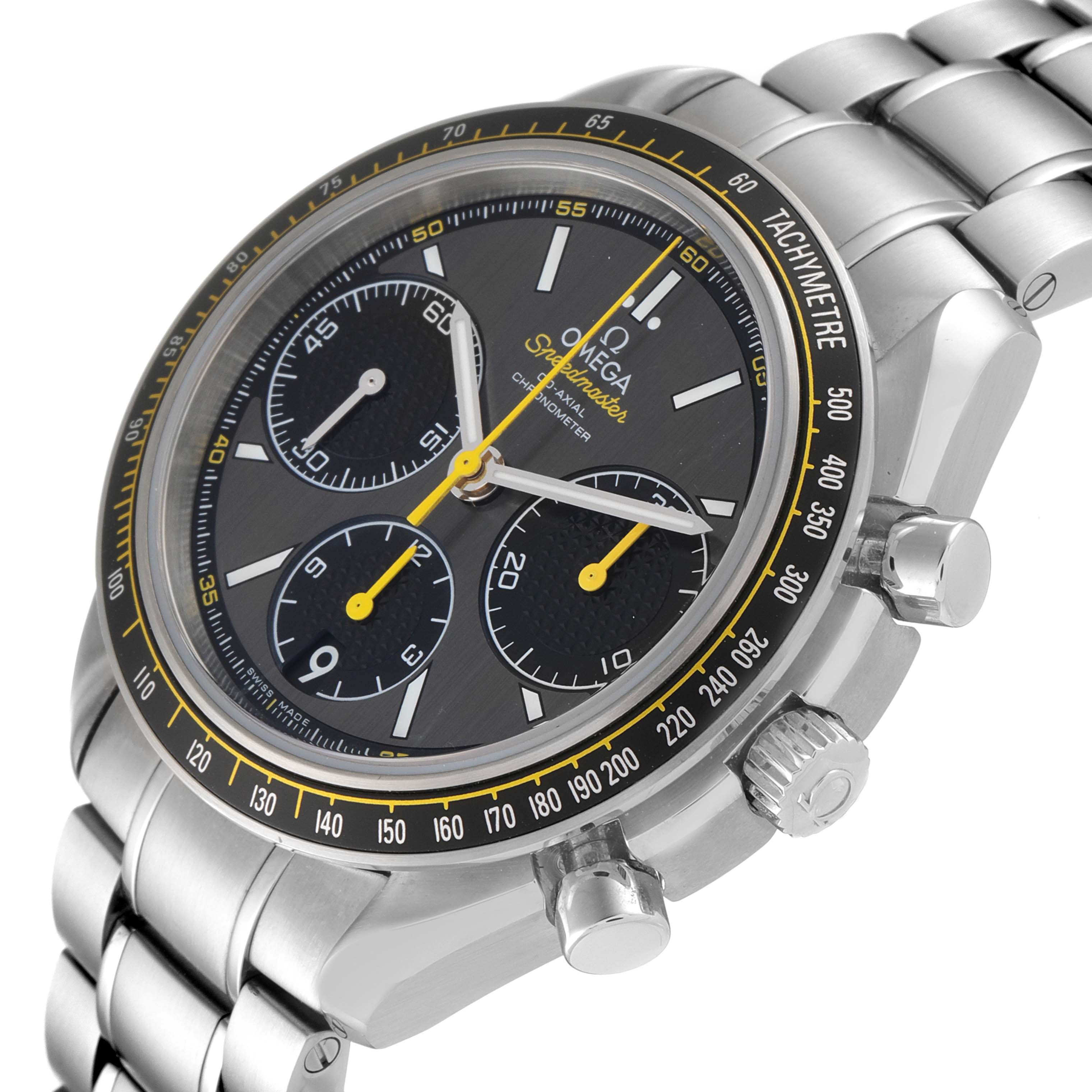 The image shows an Omega Speedmaster 326.30.40.50.06.001 Men's Stainless Steel Grey Dial 326.30.40.50.06.001 Men's Stainless Steel Grey Dial watch at a three-quarter angle, highlighting its face, tachymeter bezel, and stainless steel bracelet.