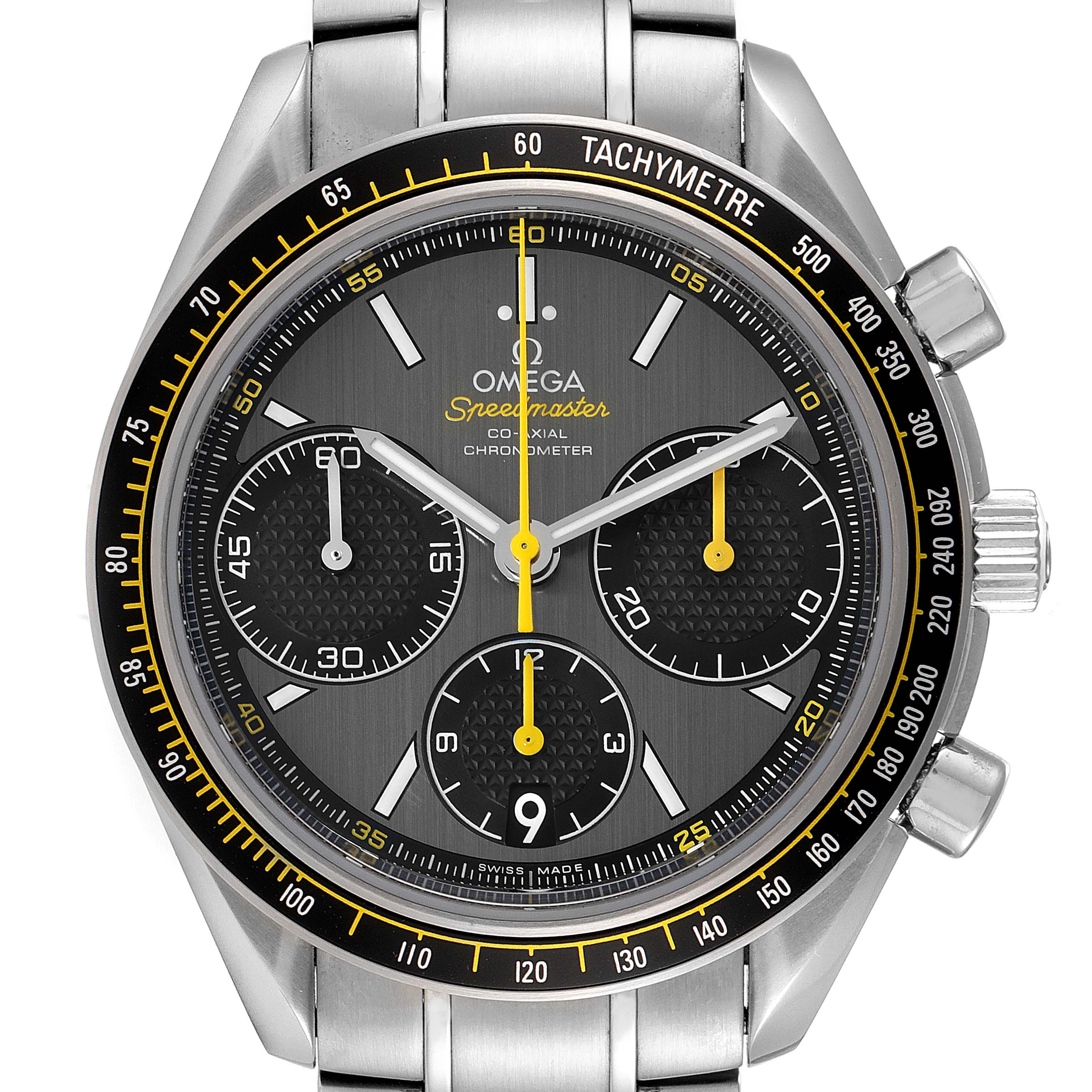 This image shows a front view of the Omega Speedmaster 326.30.40.50.06.001 Men's Stainless Steel Grey Dial 326.30.40.50.06.001 Men's Stainless Steel Grey Dial, displaying its dial, tachymeter bezel, and subdials.