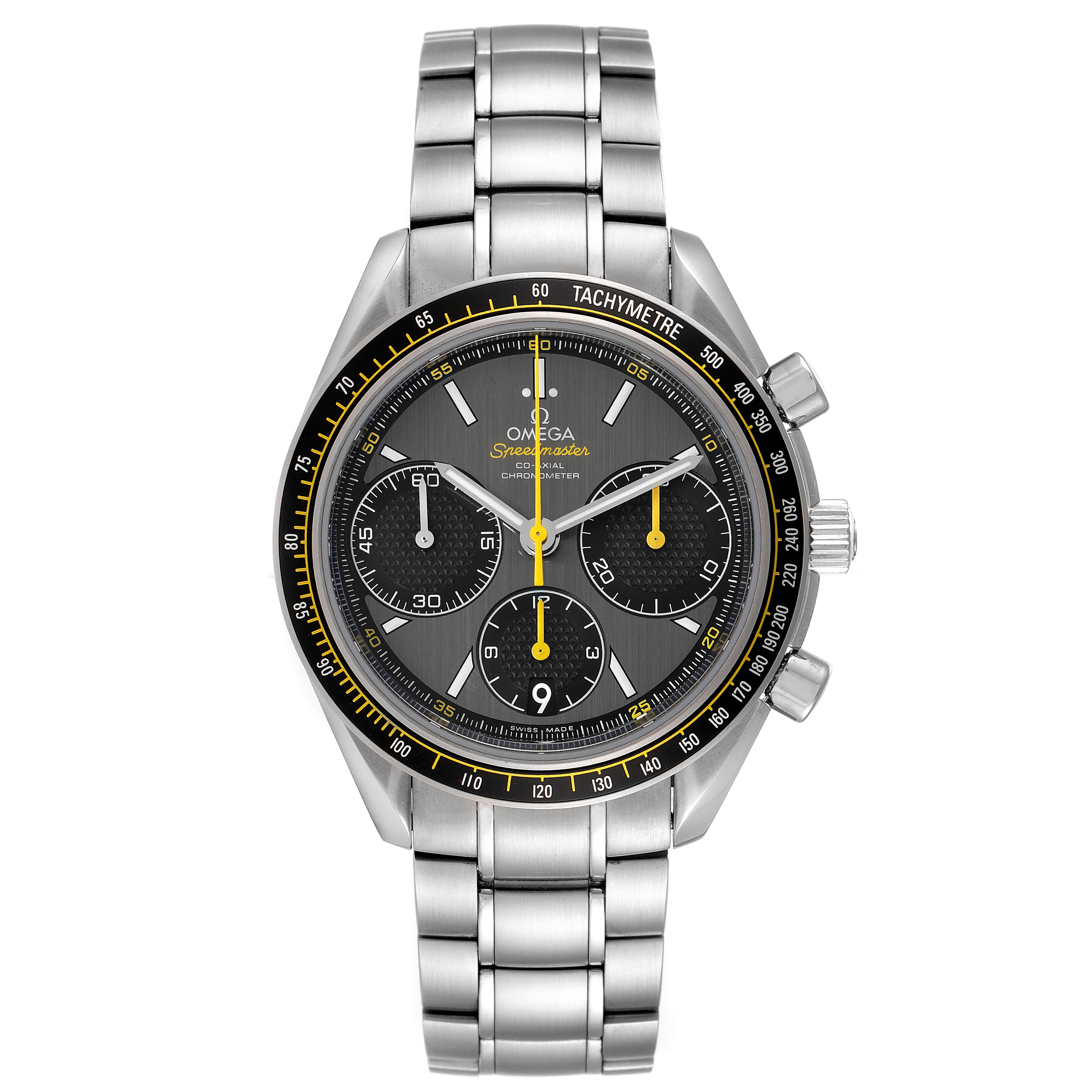 The image shows the front view of the Omega Speedmaster 326.30.40.50.06.001 Men's Stainless Steel Grey Dial 326.30.40.50.06.001 Men's Stainless Steel Grey Dial watch, highlighting the dial, bezel, chronograph sub-dials, and stainless steel bracelet.