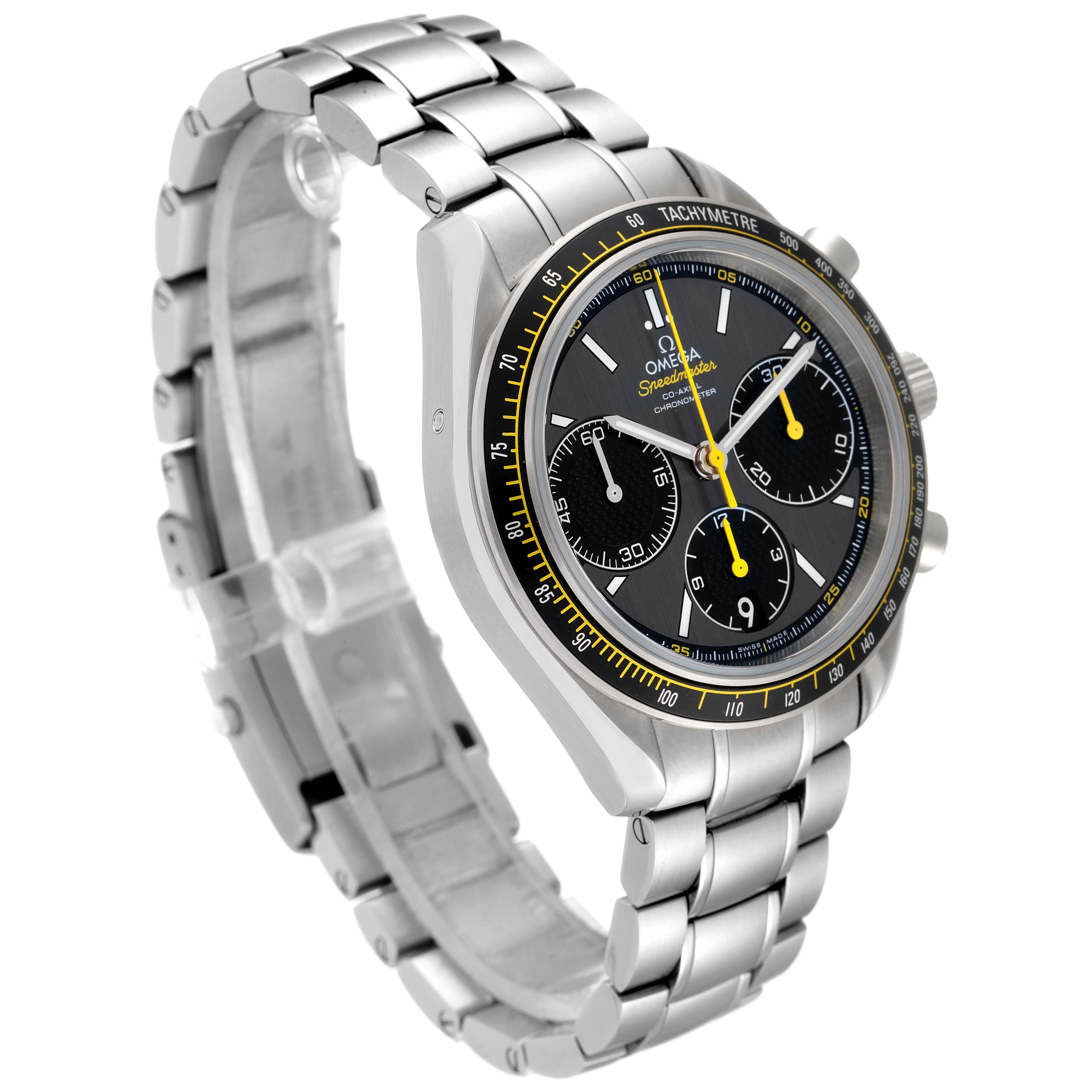 The Omega Speedmaster 326.30.40.50.06.001 Men's Stainless Steel Grey Dial 326.30.40.50.06.001 Men's Stainless Steel Grey Dial watch is shown at a slight angle, highlighting the face, chronograph, and metal bracelet.