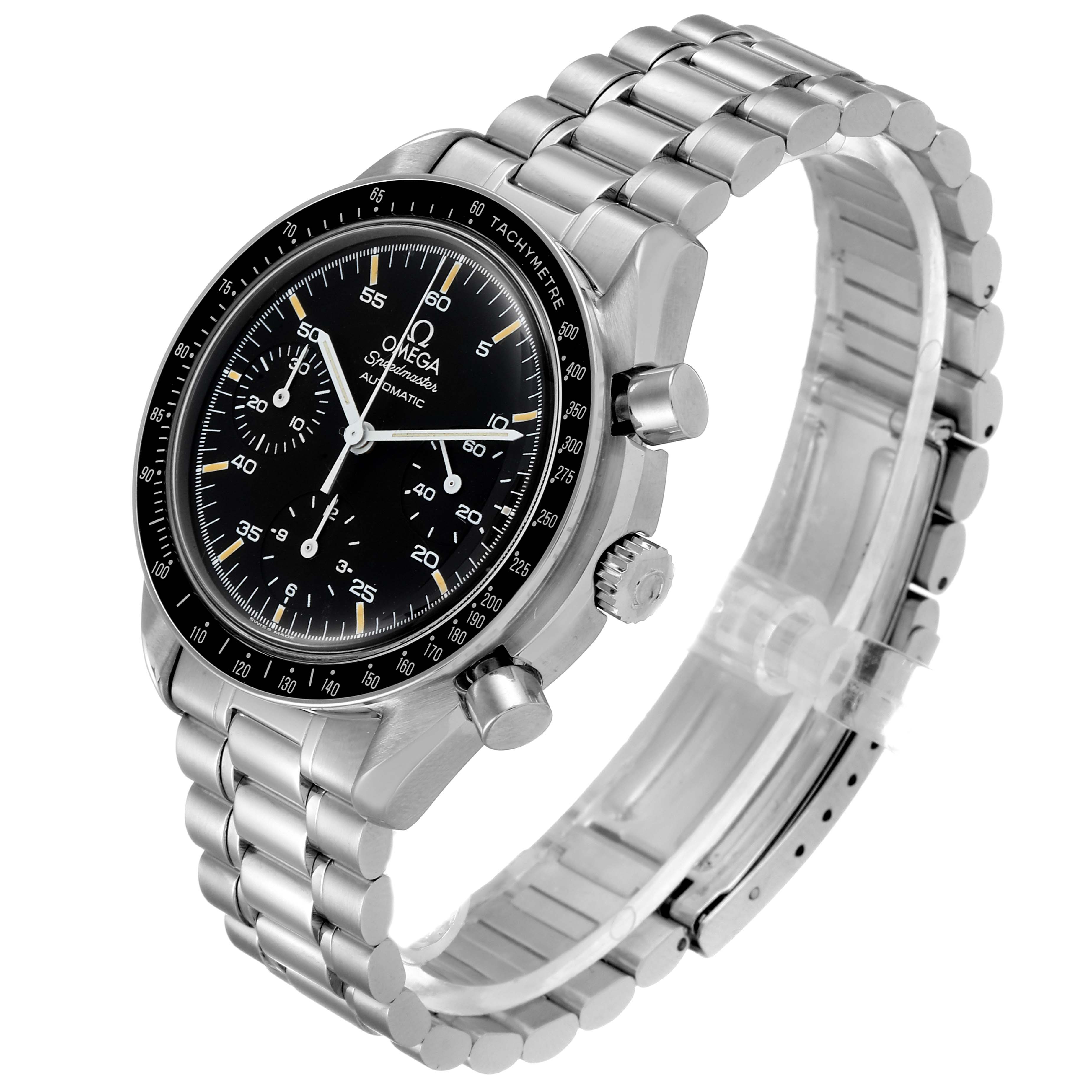 The image shows an oblique view of the Omega Speedmaster 3510.50.00 Men's Stainless Steel Black Dial 3510.50.00 Men's Stainless Steel Black Dial watch highlighting its bracelet, black dial, and tachymeter bezel.