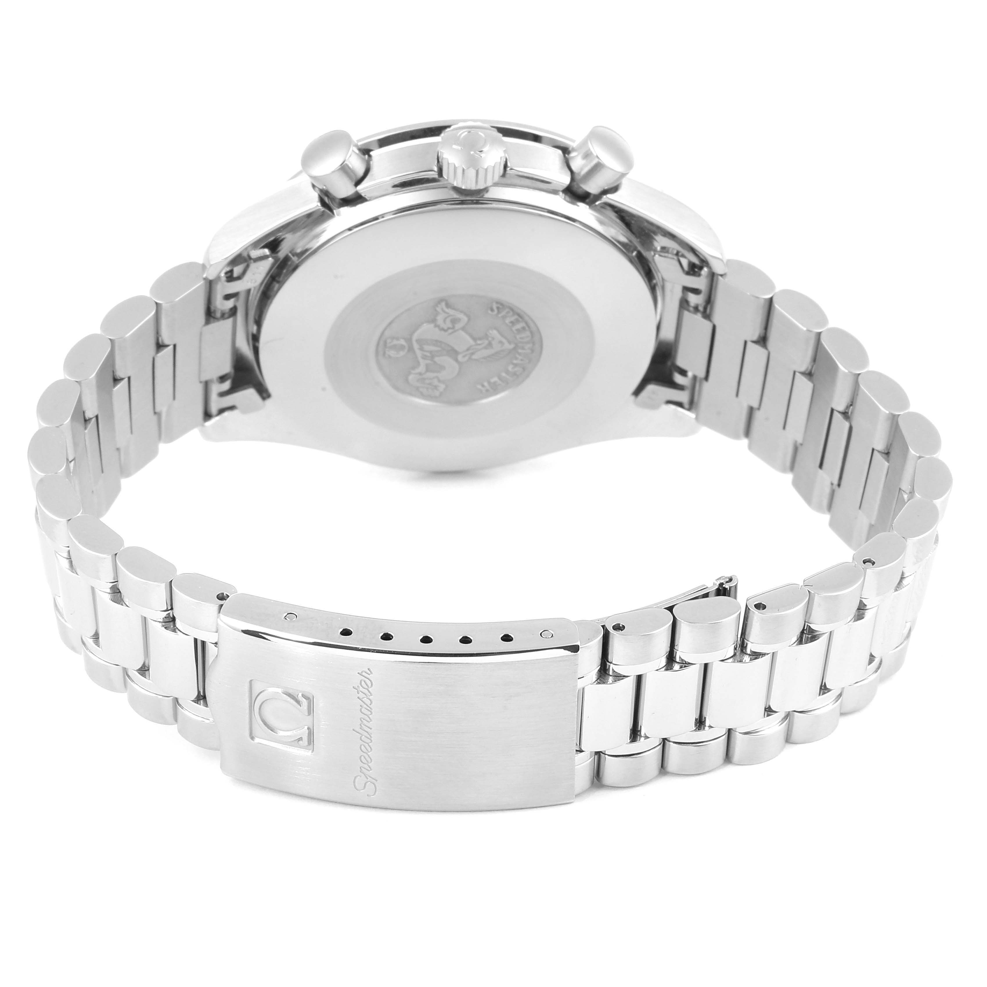 The image shows the back case and clasp of an Omega Speedmaster 3510.50.00 Men's Stainless Steel Black Dial 3510.50.00 Men's Stainless Steel Black Dial watch from a rear angle.