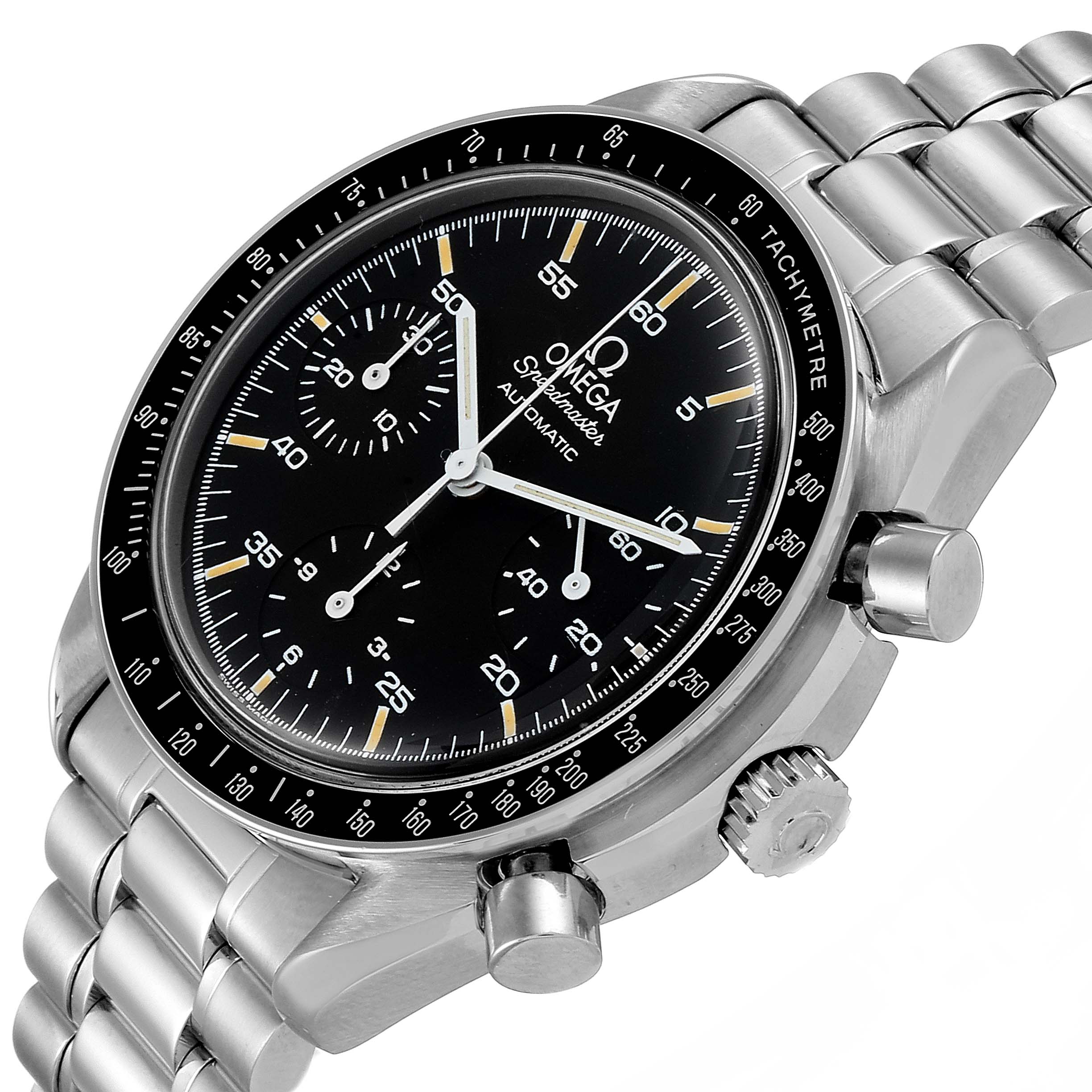 This Omega Speedmaster 3510.50.00 Men's Stainless Steel Black Dial 3510.50.00 Men's Stainless Steel Black Dial watch is shown at a slight angle, displaying the dial, bezel, side buttons, crown, and part of the bracelet.