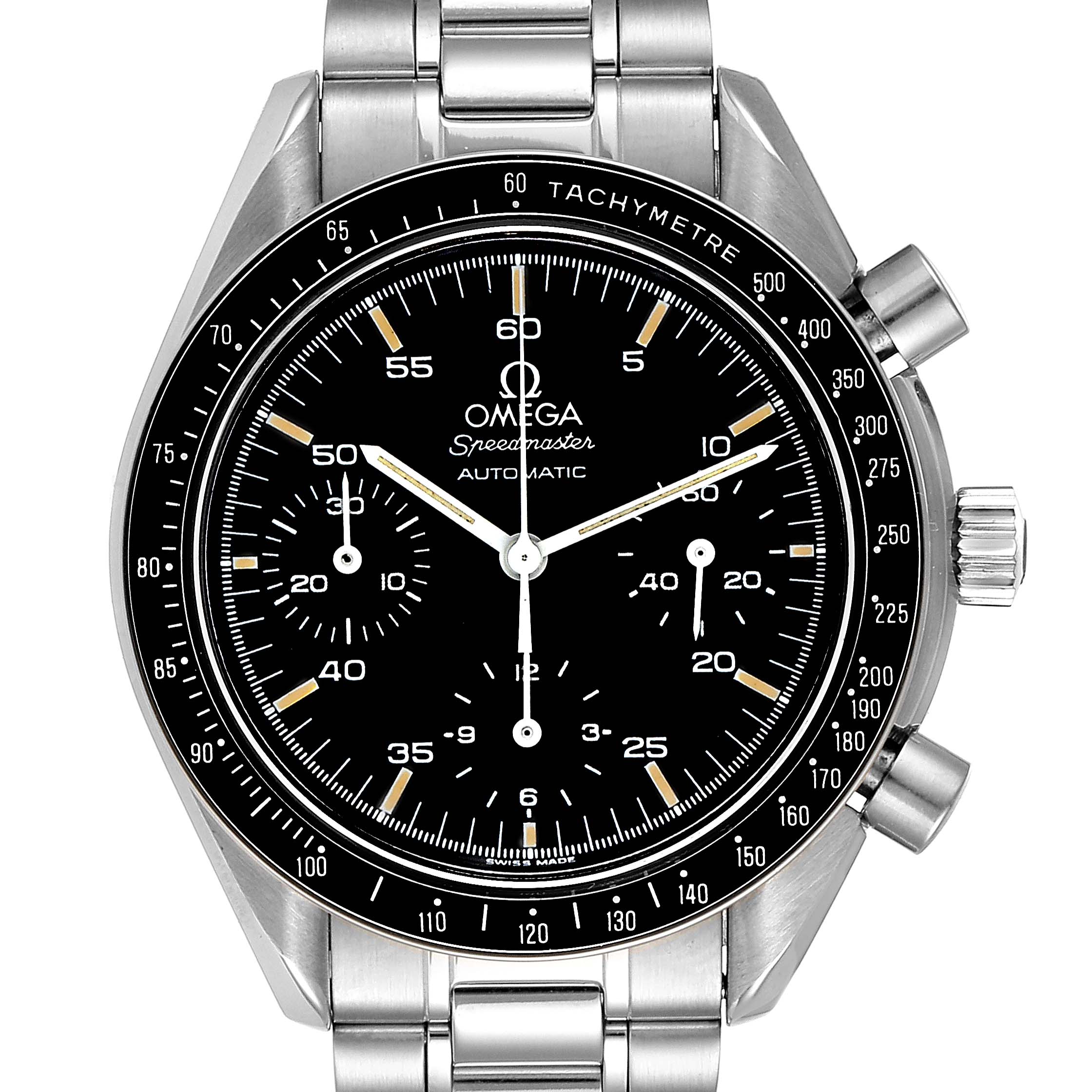 The Omega Speedmaster 3510.50.00 Men's Stainless Steel Black Dial 3510.50.00 Men's Stainless Steel Black Dial watch is shown from a front angle, highlighting its black dial, bezel, chronograph subdials, and stainless steel bracelet.