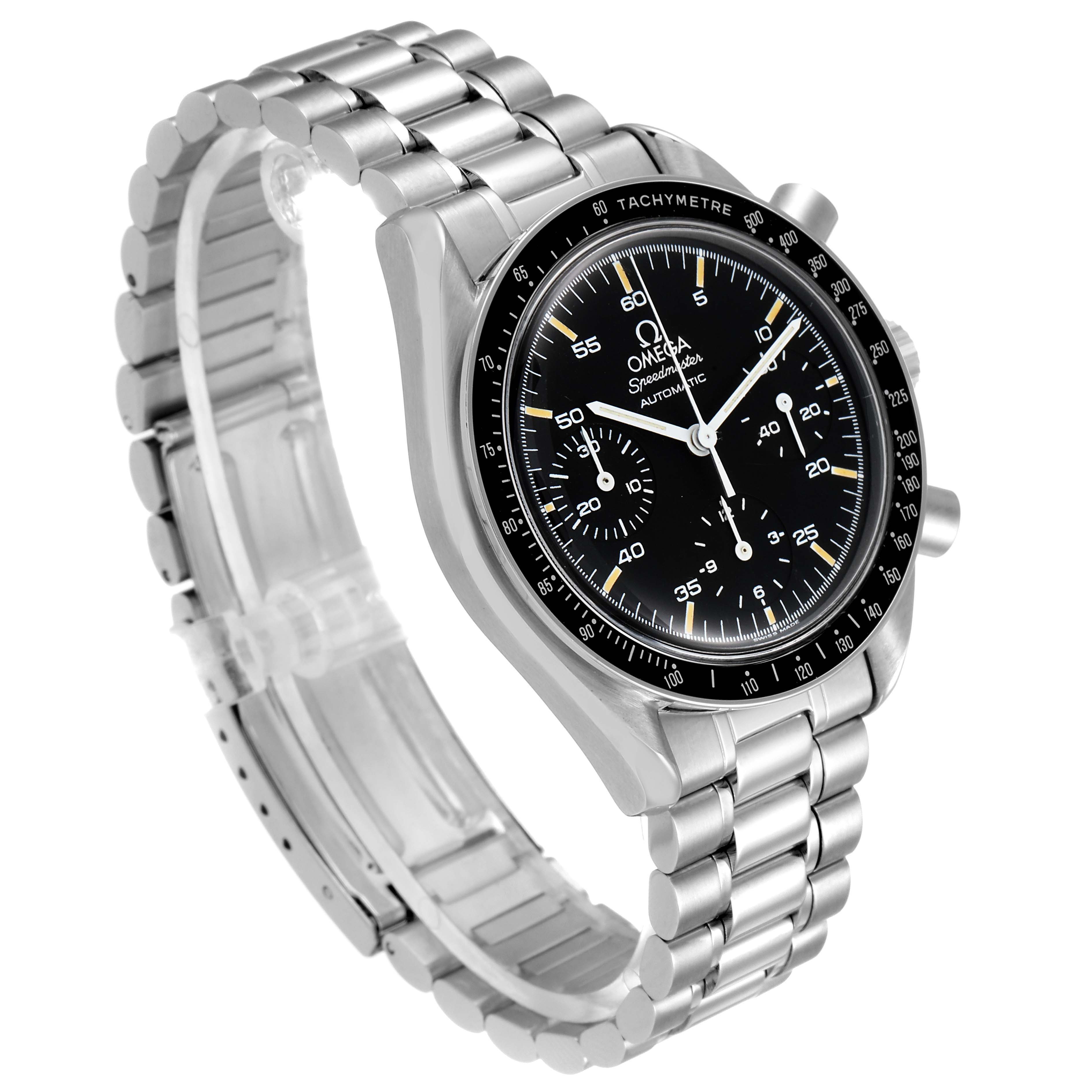 The image shows an angled view of the Omega Speedmaster 3510.50.00 Men's Stainless Steel Black Dial 3510.50.00 Men's Stainless Steel Black Dial watch, highlighting its dial, tachymeter bezel, and stainless steel bracelet.