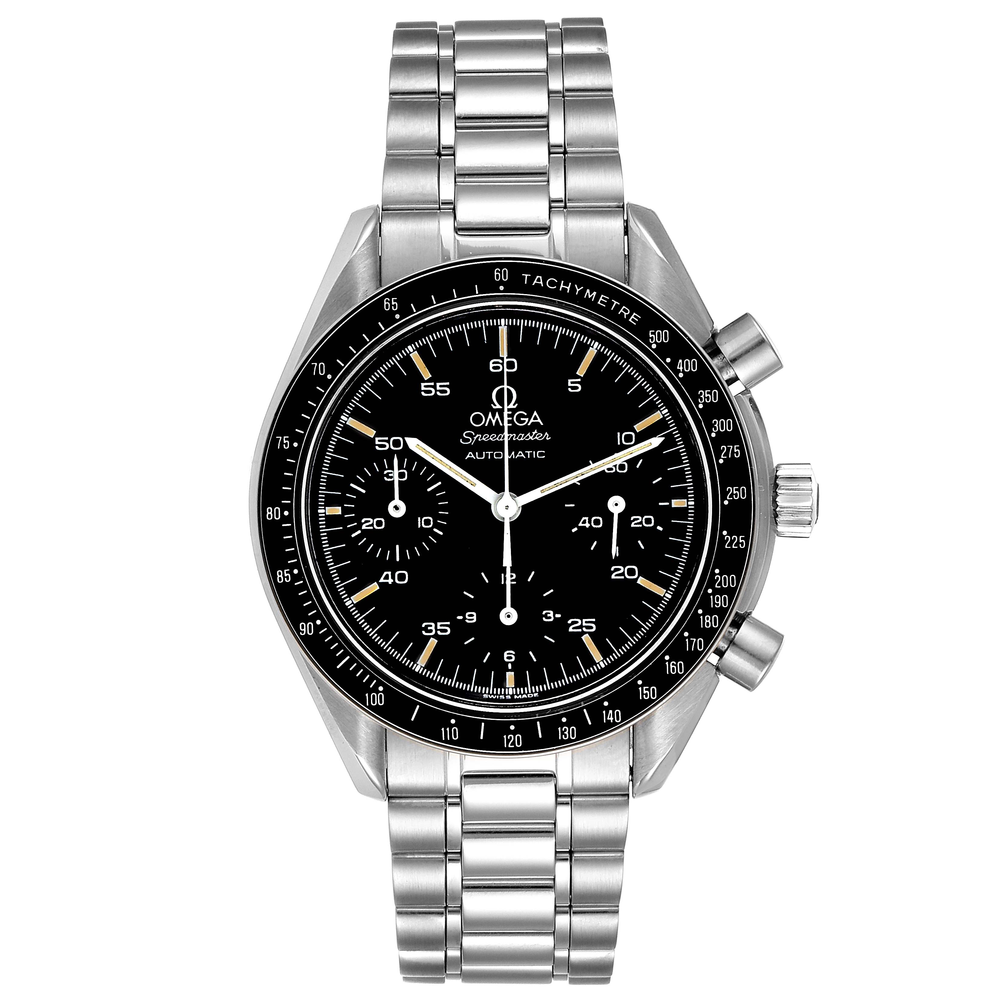 The image shows a front view of an Omega Speedmaster 3510.50.00 Men's Stainless Steel Black Dial 3510.50.00 Men's Stainless Steel Black Dial watch, featuring its black dial, tachymeter, and stainless steel bracelet.
