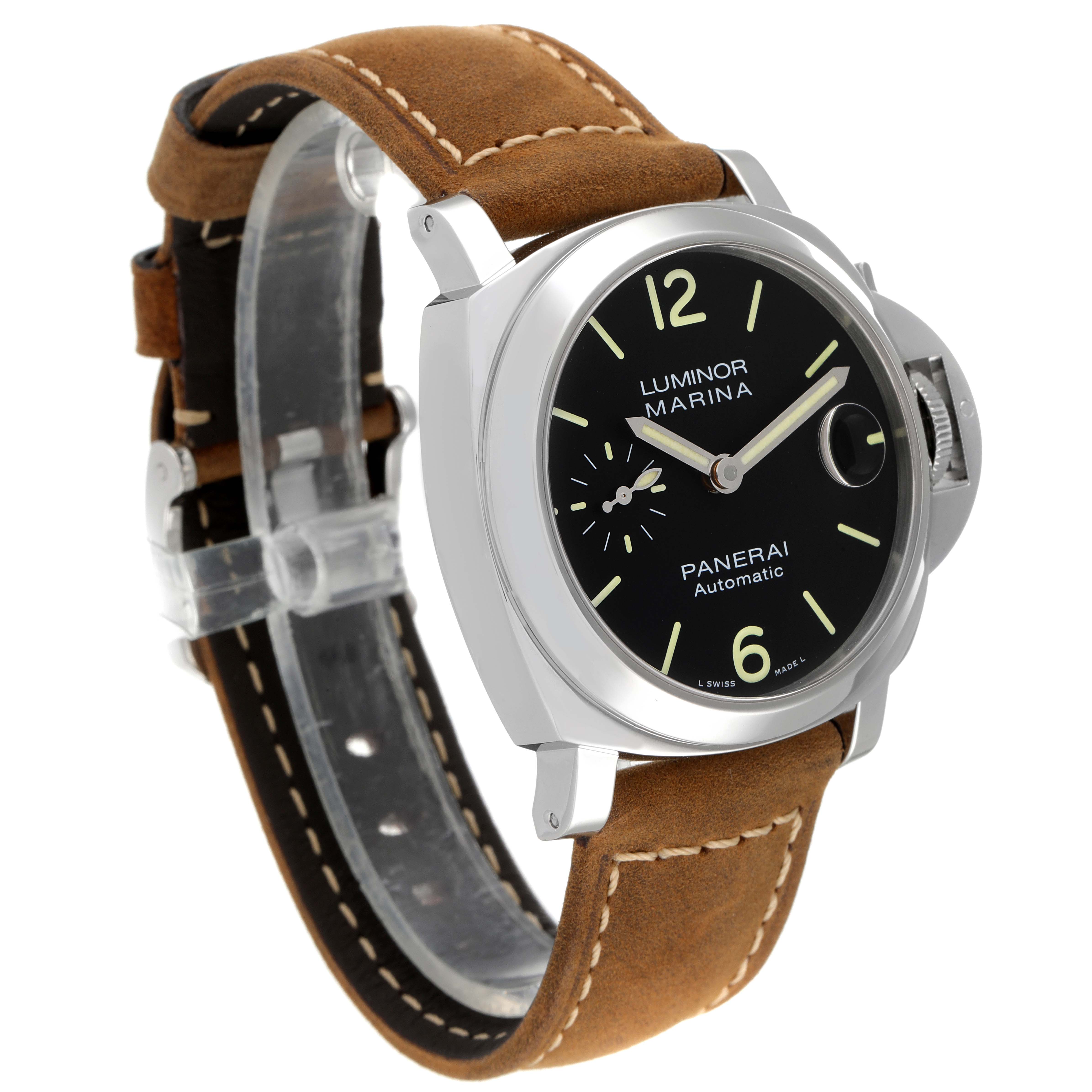 The Panerai Luminor PAM01048 Men
s Stainless Steel Black Dial PAM01048 Men
s Stainless Steel Black Dial watch is shown at an angled view, displaying its face, case, and brown leather strap.