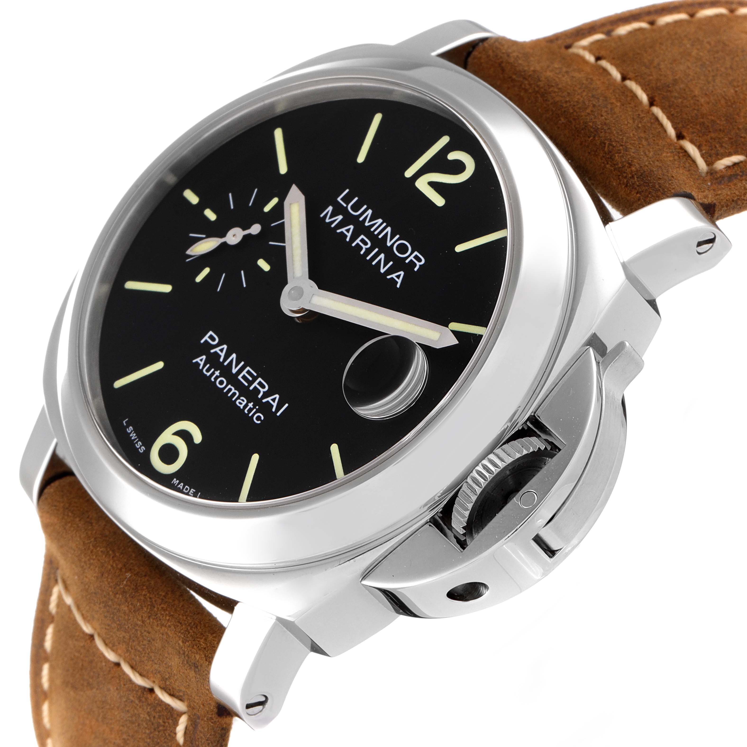 The Panerai Luminor PAM01048 Men
s Stainless Steel Black Dial PAM01048 Men
s Stainless Steel Black Dial watch is shown at a side angle, highlighting the dial, crown protector, and leather strap.