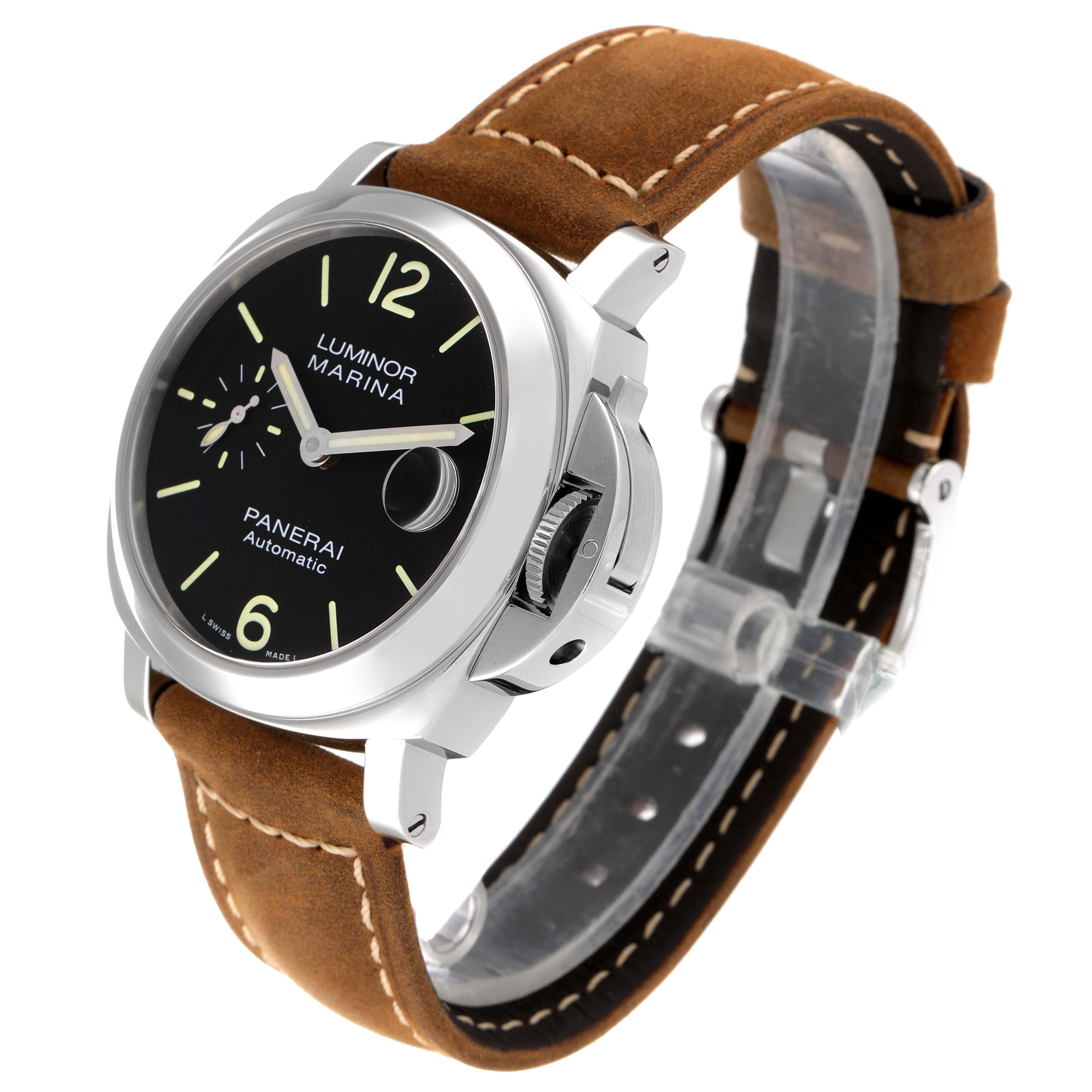 The Panerai Luminor PAM01048 Men
s Stainless Steel Black Dial PAM01048 Men
s Stainless Steel Black Dial watch is shown at an angle displaying the face, crown guard, and brown leather strap.