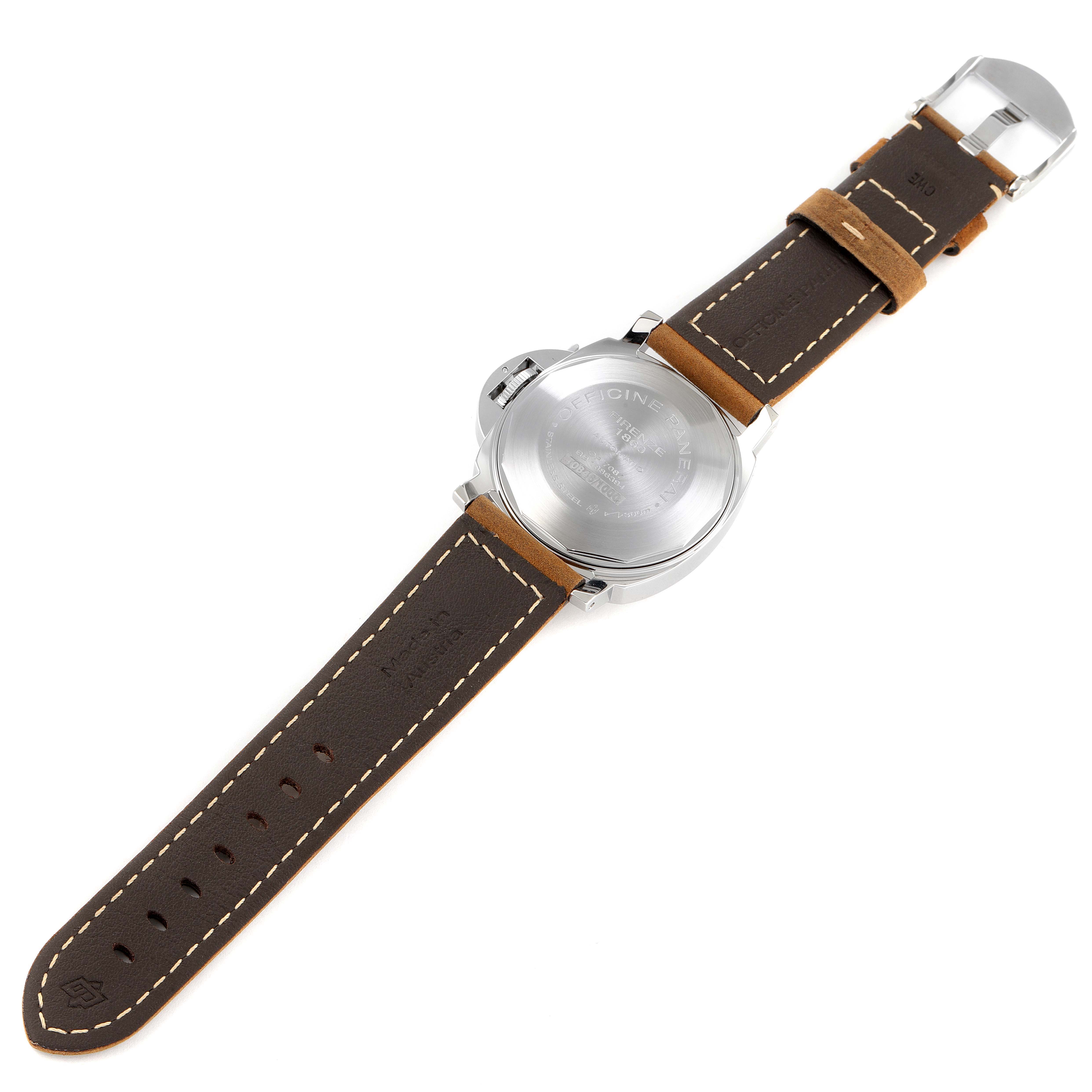 The image shows the back view of a Panerai Luminor PAM01048 Men
s Stainless Steel Black Dial PAM01048 Men
s Stainless Steel Black Dial watch with a brown leather strap.