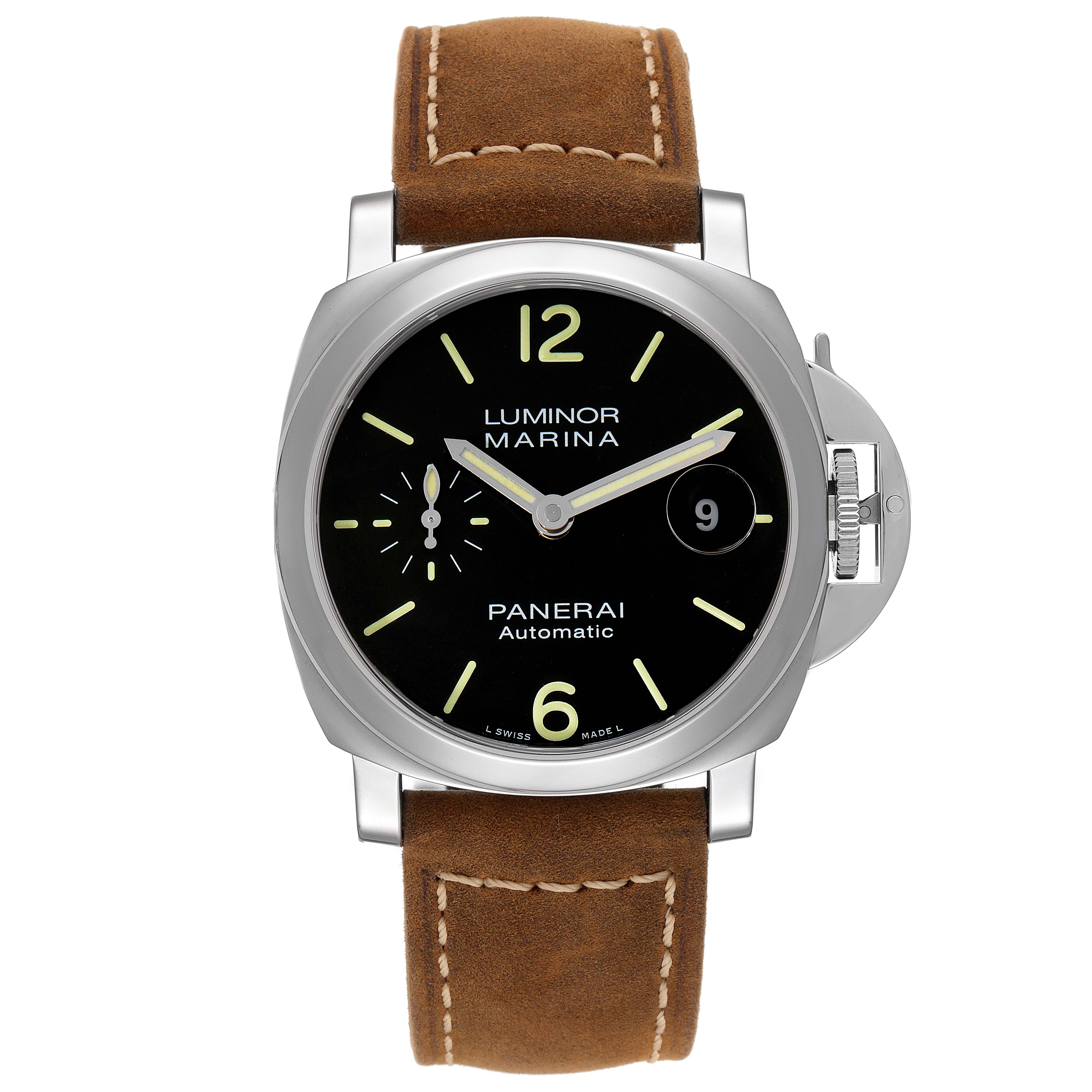The image shows a front view of a Panerai Luminor PAM01048 Men
s Stainless Steel Black Dial PAM01048 Men
s Stainless Steel Black Dial watch, displaying its face, case, crown, and leather strap.