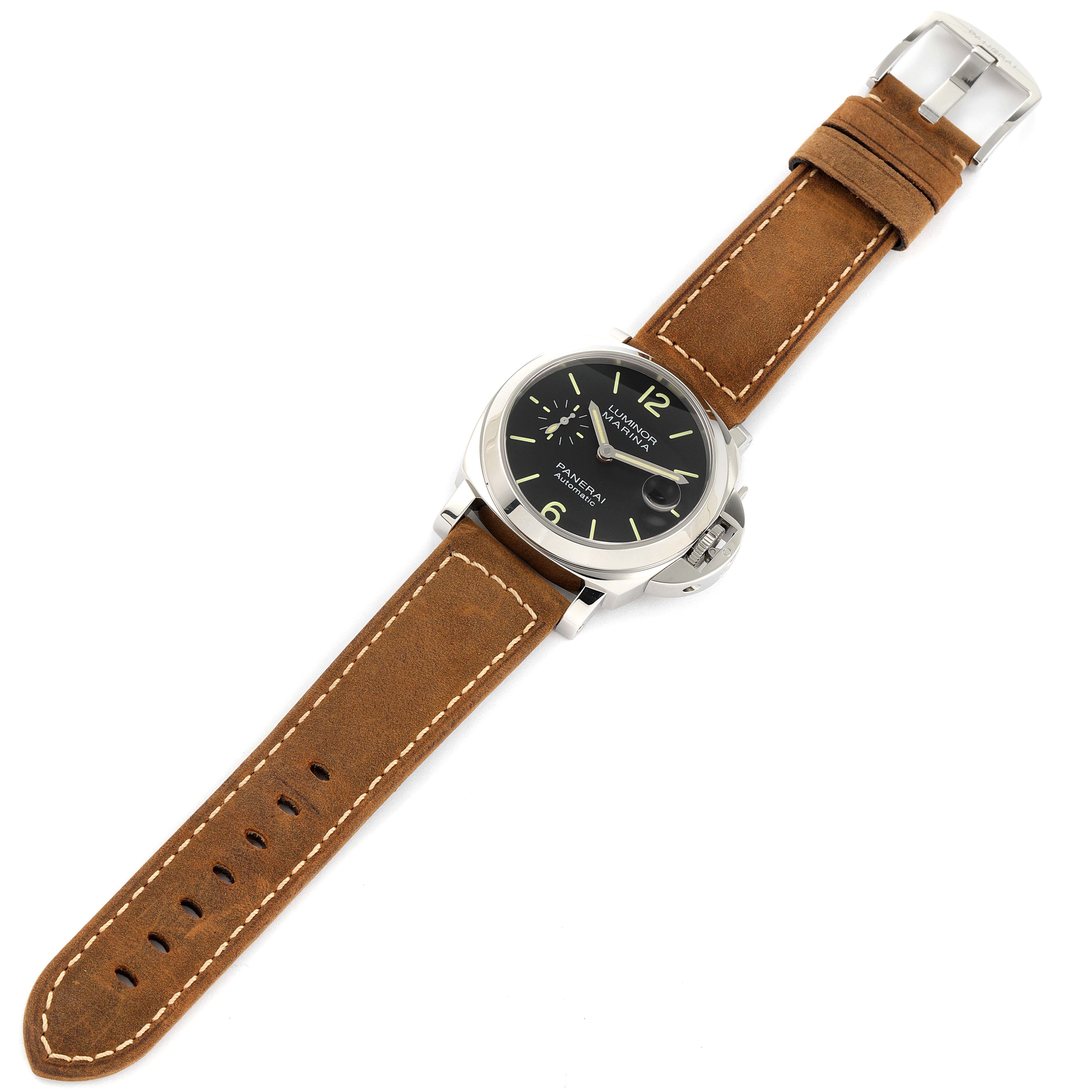 The image shows a top-down view of a Panerai Luminor PAM01048 Men
s Stainless Steel Black Dial PAM01048 Men
s Stainless Steel Black Dial watch with a brown leather strap.