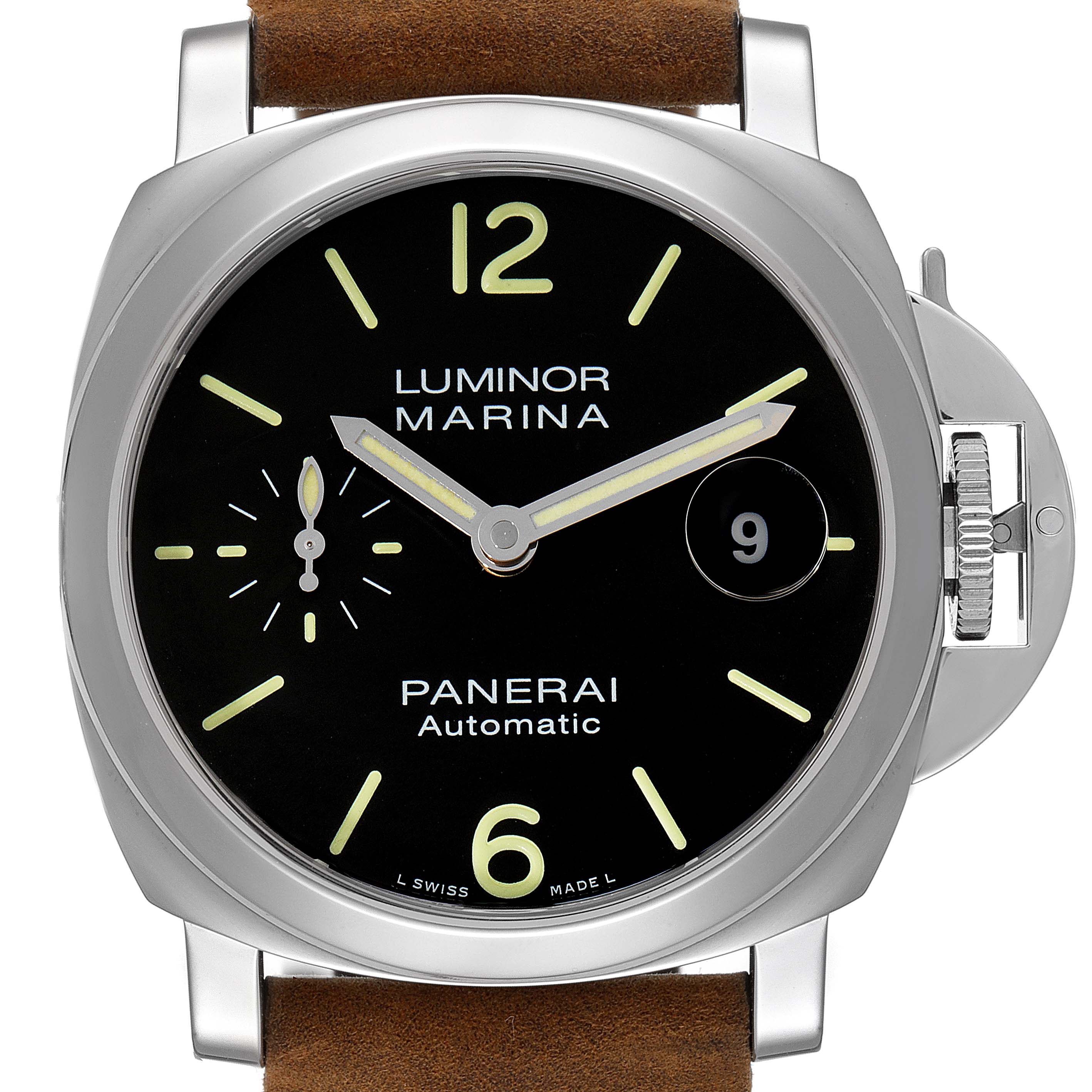 The image shows a front view of a Panerai Luminor PAM01048 Men
s Stainless Steel Black Dial PAM01048 Men
s Stainless Steel Black Dial Marina watch, displaying its dial, crown guard, and leather strap.