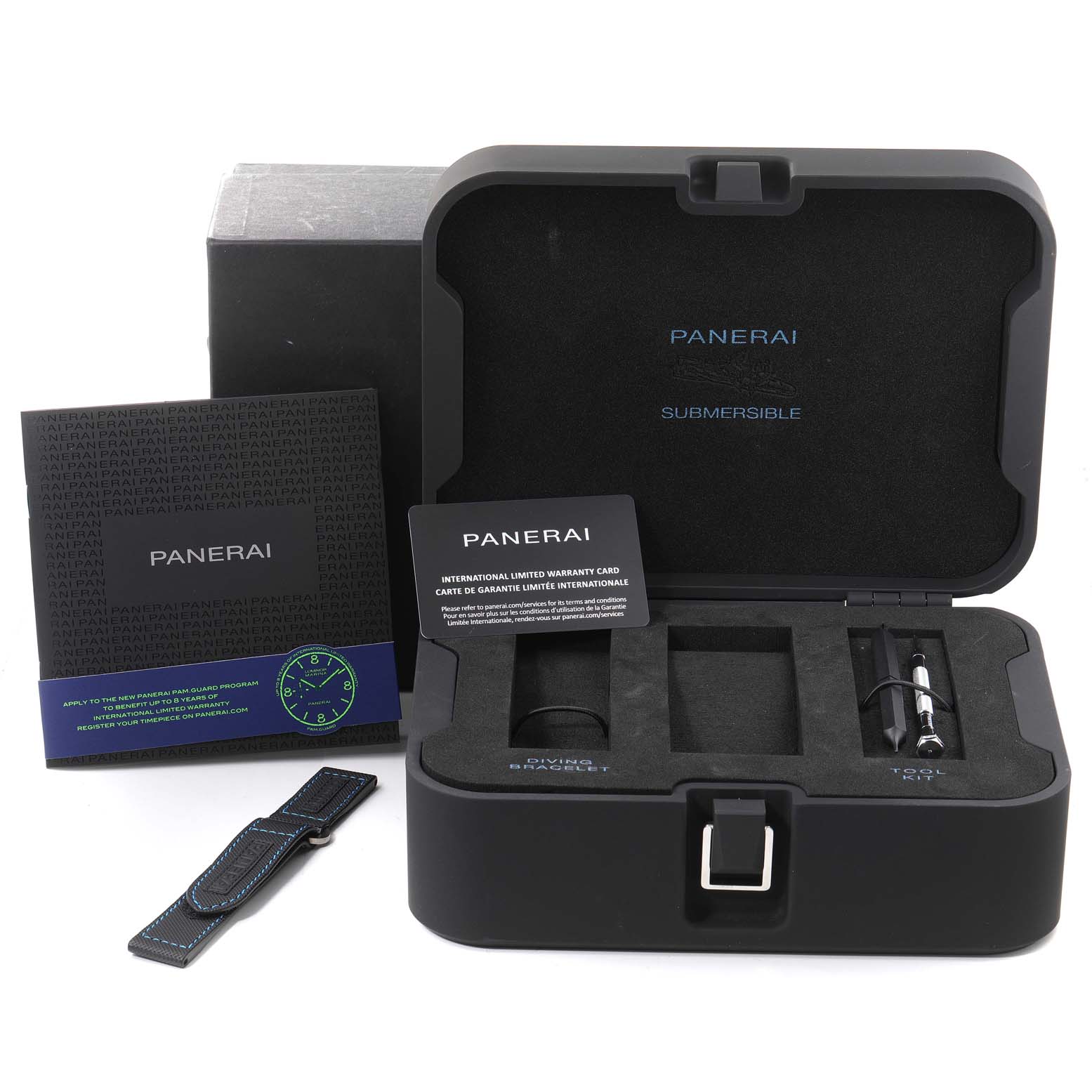 The image displays a Panerai Submersible PAM00959 Men's Stainless Steel Grey Dial PAM00959 Men's Stainless Steel Grey Dial watch box, warranty card, booklet, extra strap, and tool kit from a front angle.