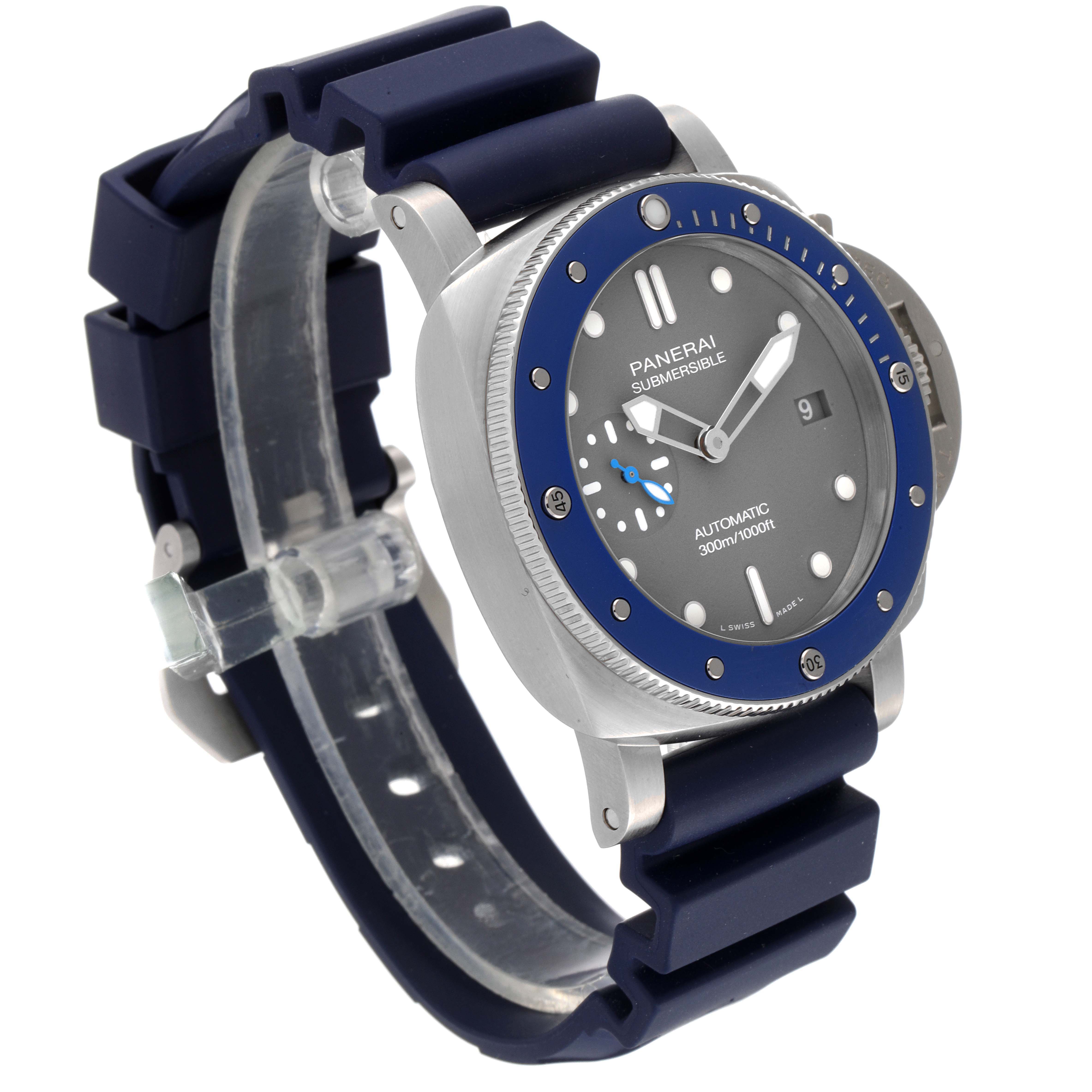 The Panerai Submersible PAM00959 Men's Stainless Steel Grey Dial PAM00959 Men's Stainless Steel Grey Dial watch is shown at a slight angle, highlighting its face, bezel, case, and strap.