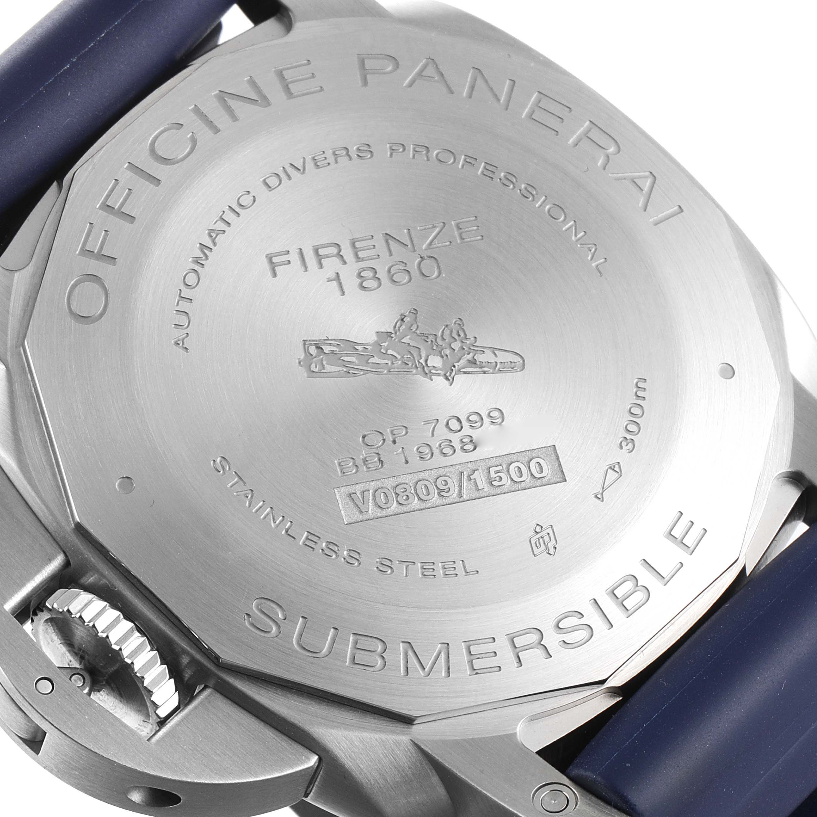 This image shows the case back of the Panerai Submersible PAM00959 Men's Stainless Steel Grey Dial PAM00959 Men's Stainless Steel Grey Dial watch, displaying engravings and the crown guard mechanism.