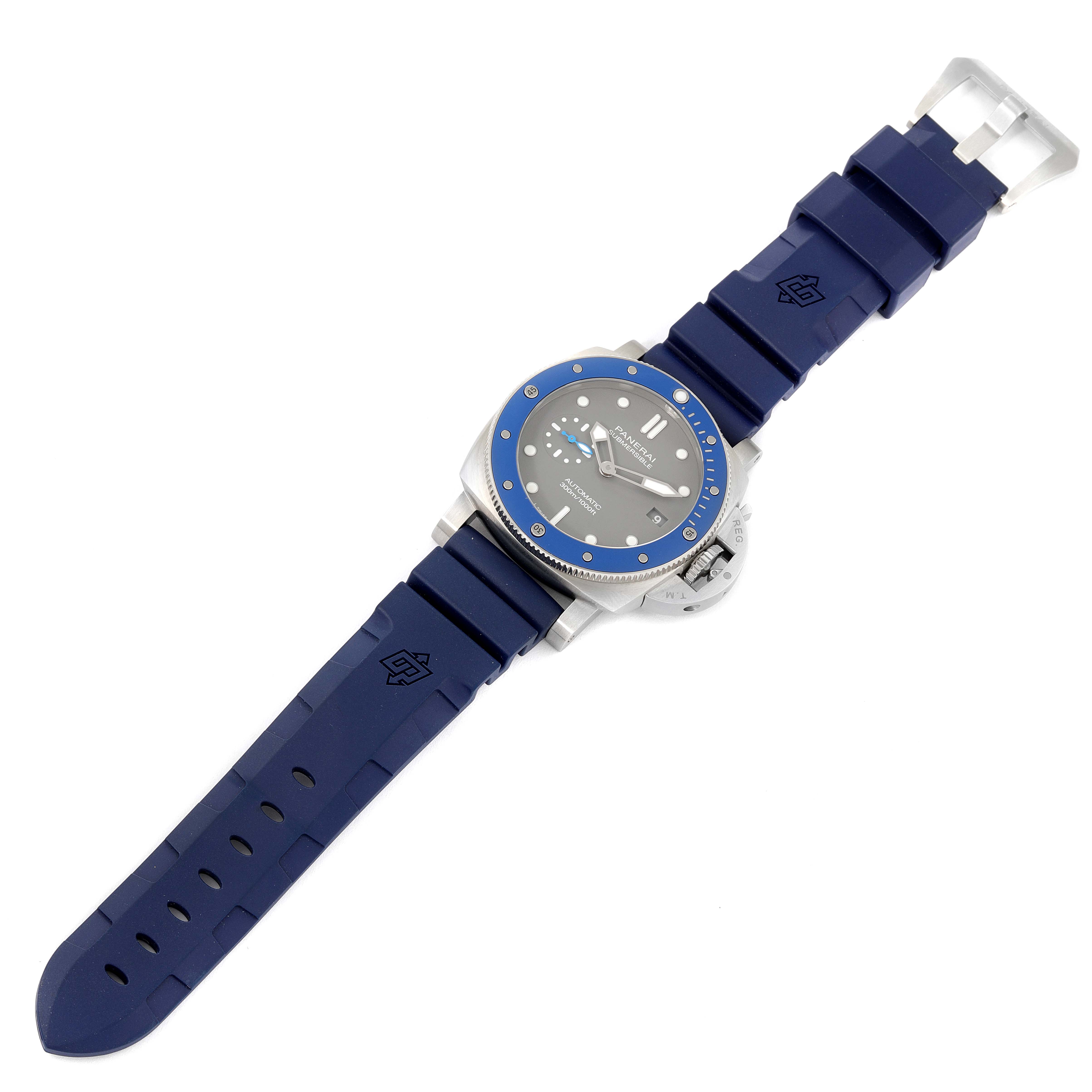 The image shows a Panerai Submersible PAM00959 Men's Stainless Steel Grey Dial PAM00959 Men's Stainless Steel Grey Dial watch with a blue rubber strap, viewed from the top.