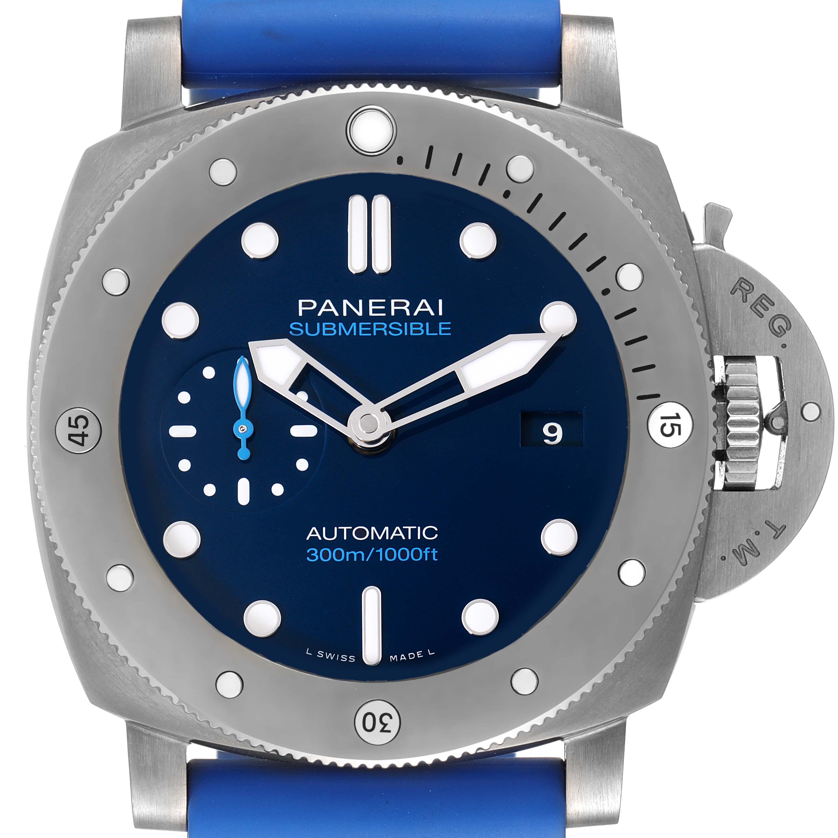 The image shows a front view angle of the Panerai Submersible PAM00692 Men's Titanium Blue Dial PAM00692 Men's Titanium Blue Dial watch, displaying the dial, bezel, and crown guard prominently.