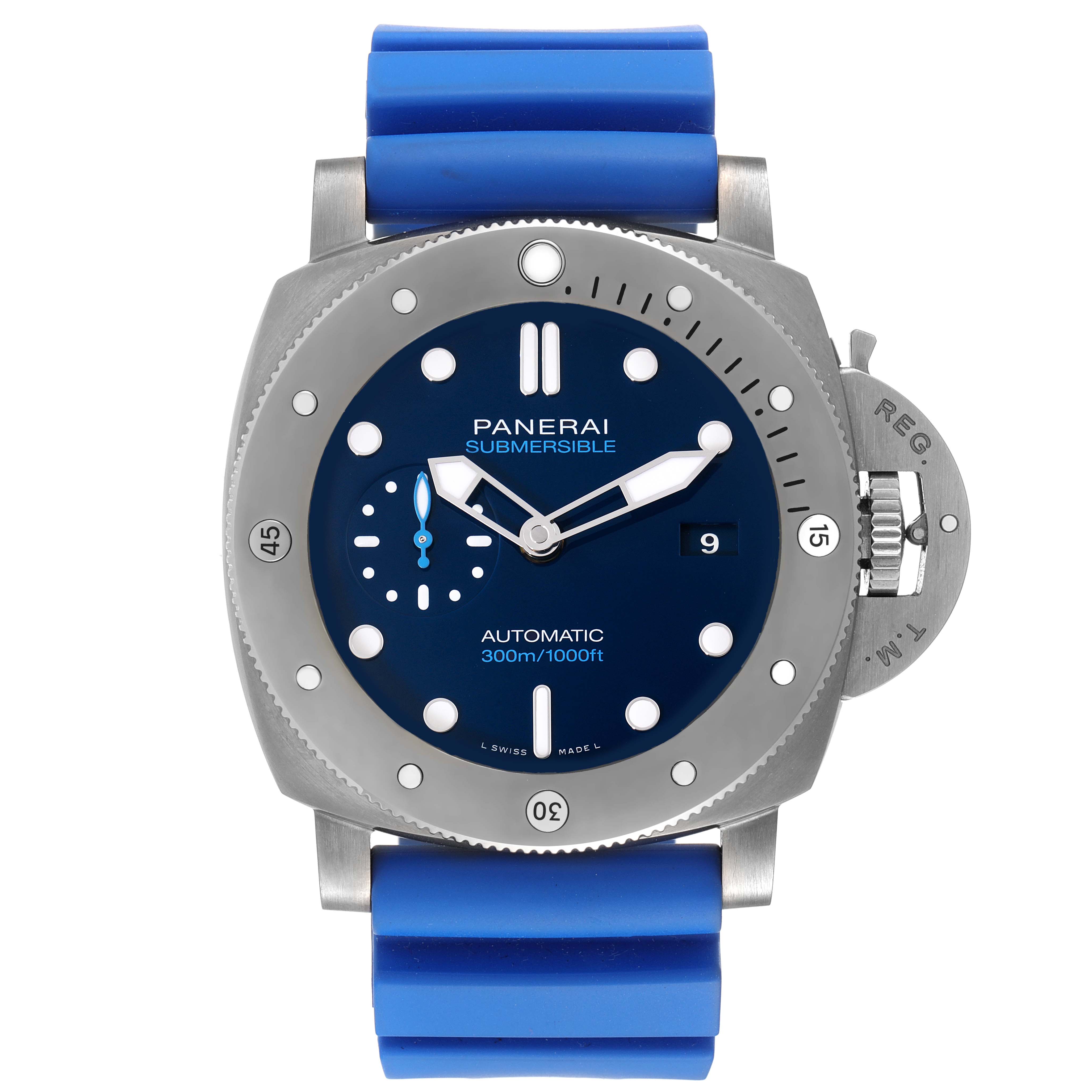 The image shows a front view of a Panerai Submersible PAM00692 Men's Titanium Blue Dial PAM00692 Men's Titanium Blue Dial watch, displaying its blue dial, bezel, and blue strap.