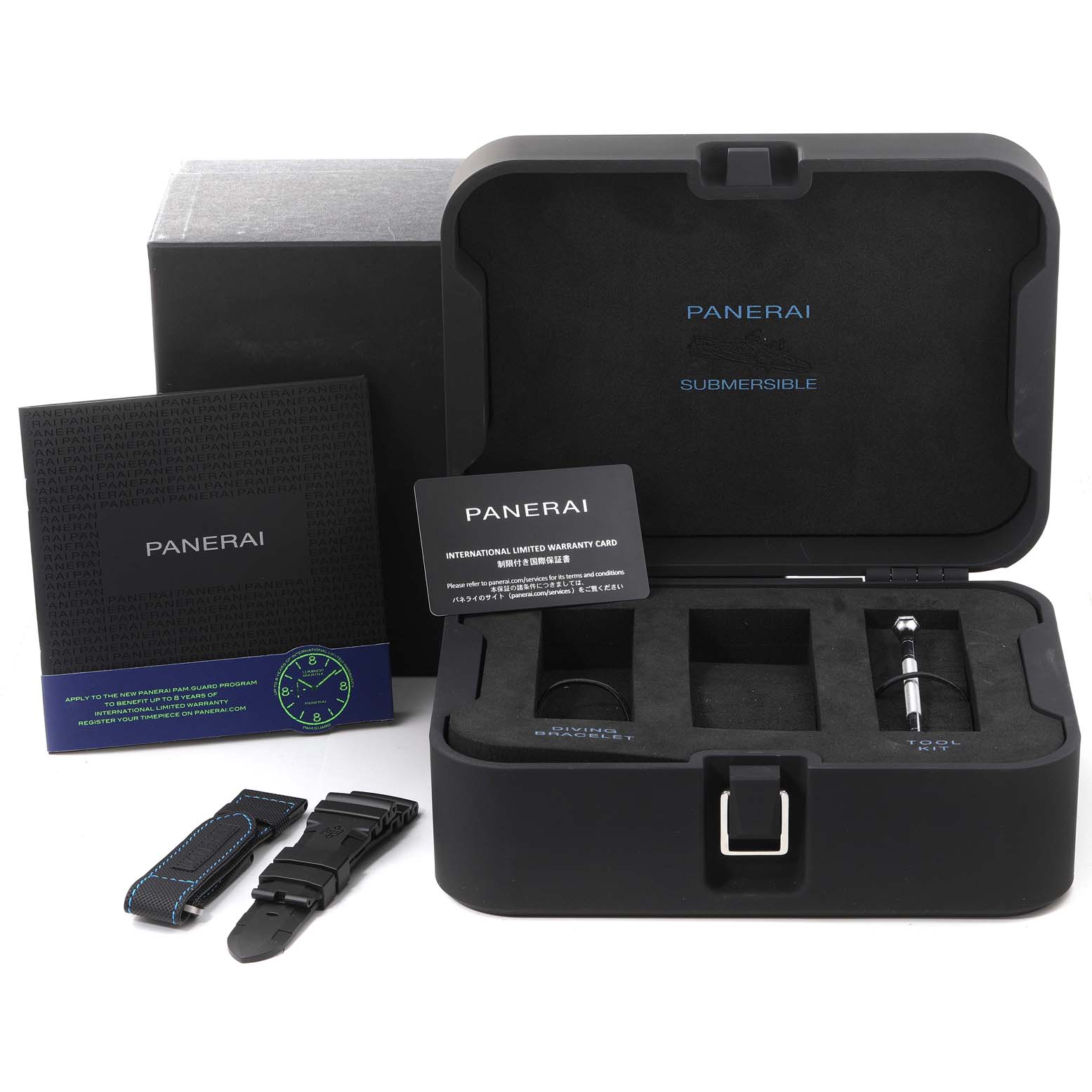 The image shows an open case of a Panerai Submersible PAM00692 Men's Titanium Blue Dial PAM00692 Men's Titanium Blue Dial watch with accessories, including straps and a tool.
