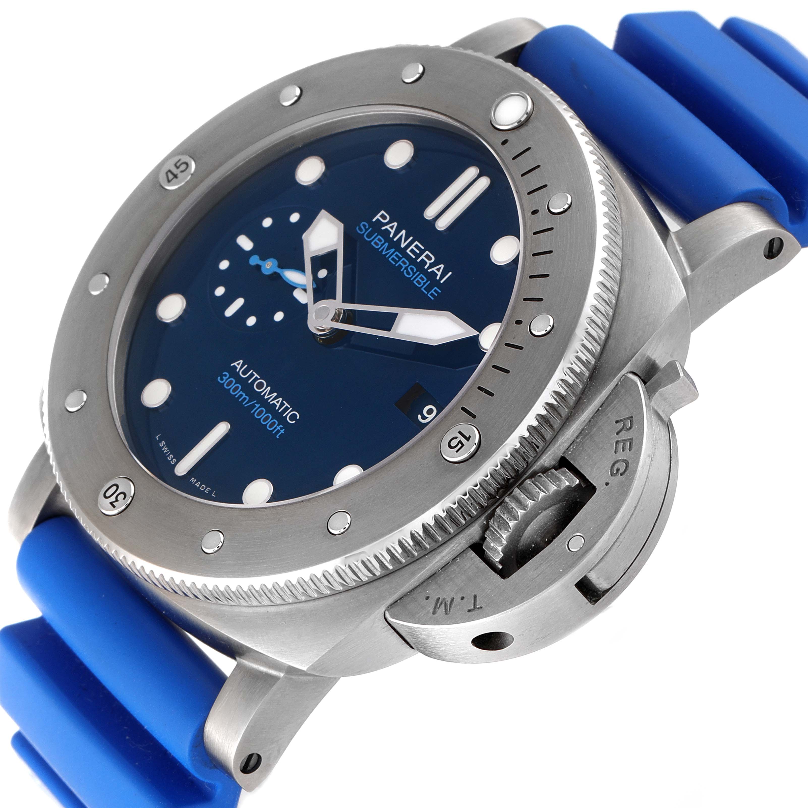 The image shows a Panerai Submersible PAM00692 Men's Titanium Blue Dial PAM00692 Men's Titanium Blue Dial watch at an oblique angle, highlighting the bezel, dial, crown guard, and blue strap.