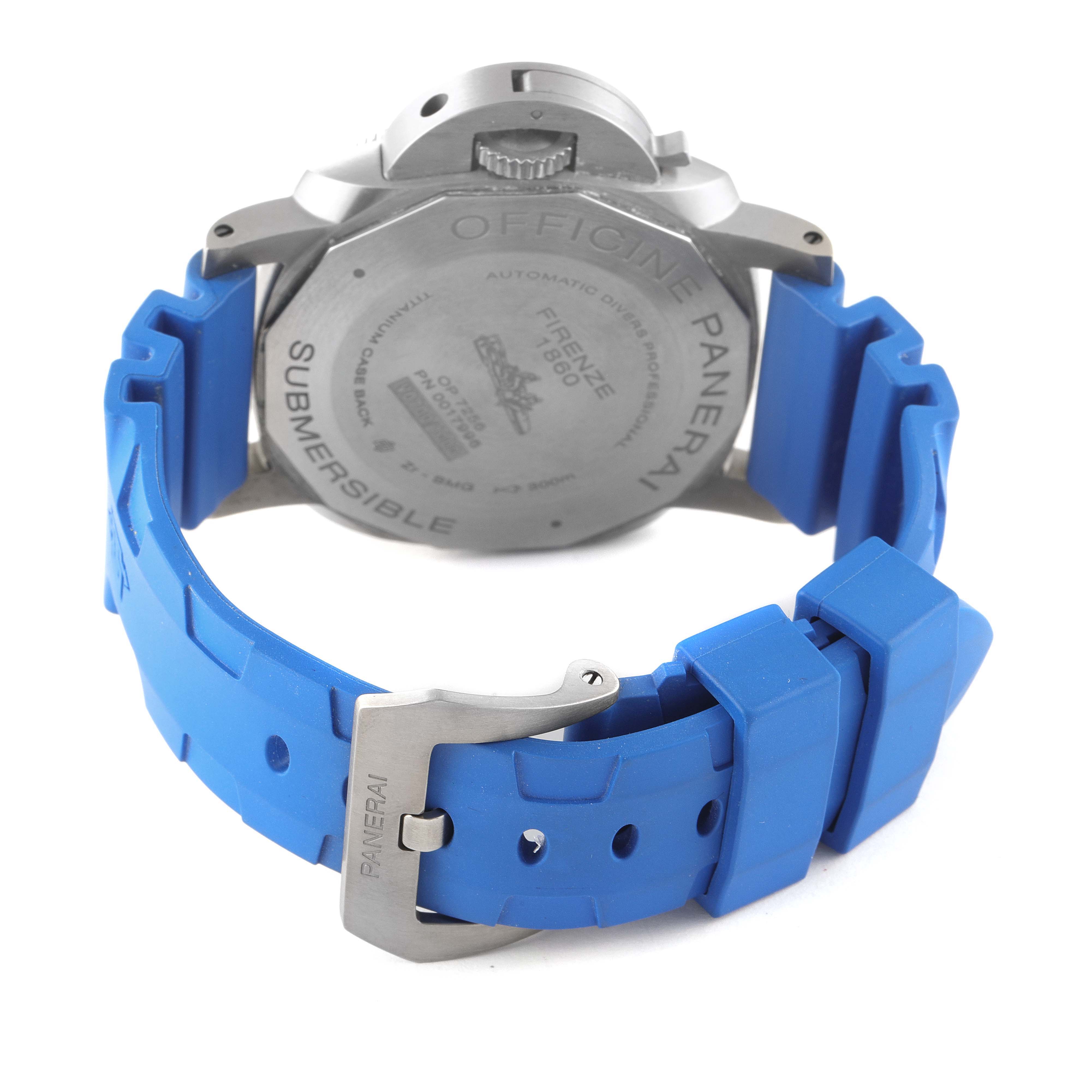 The image shows the back view of the Panerai Submersible PAM00692 Men's Titanium Blue Dial PAM00692 Men's Titanium Blue Dial model watch, highlighting the case back and blue rubber strap.