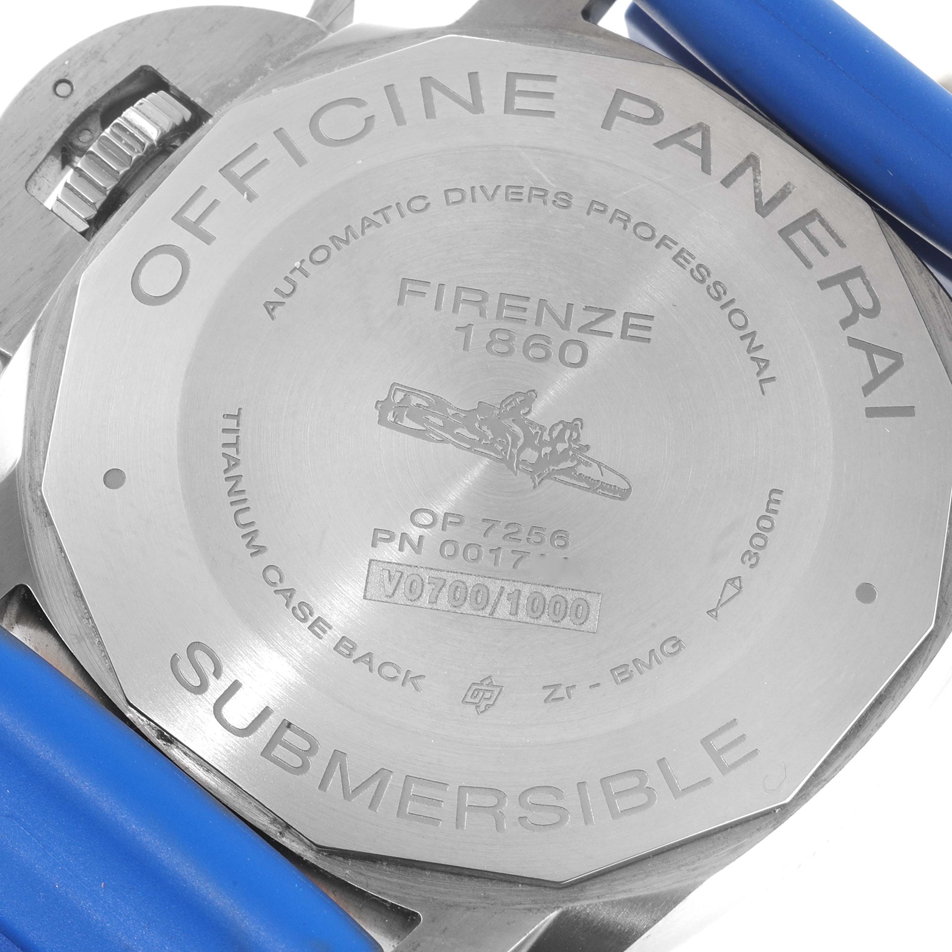 The image shows the case back of a Panerai Submersible PAM00692 Men's Titanium Blue Dial PAM00692 Men's Titanium Blue Dial watch, including model details and a blue strap.