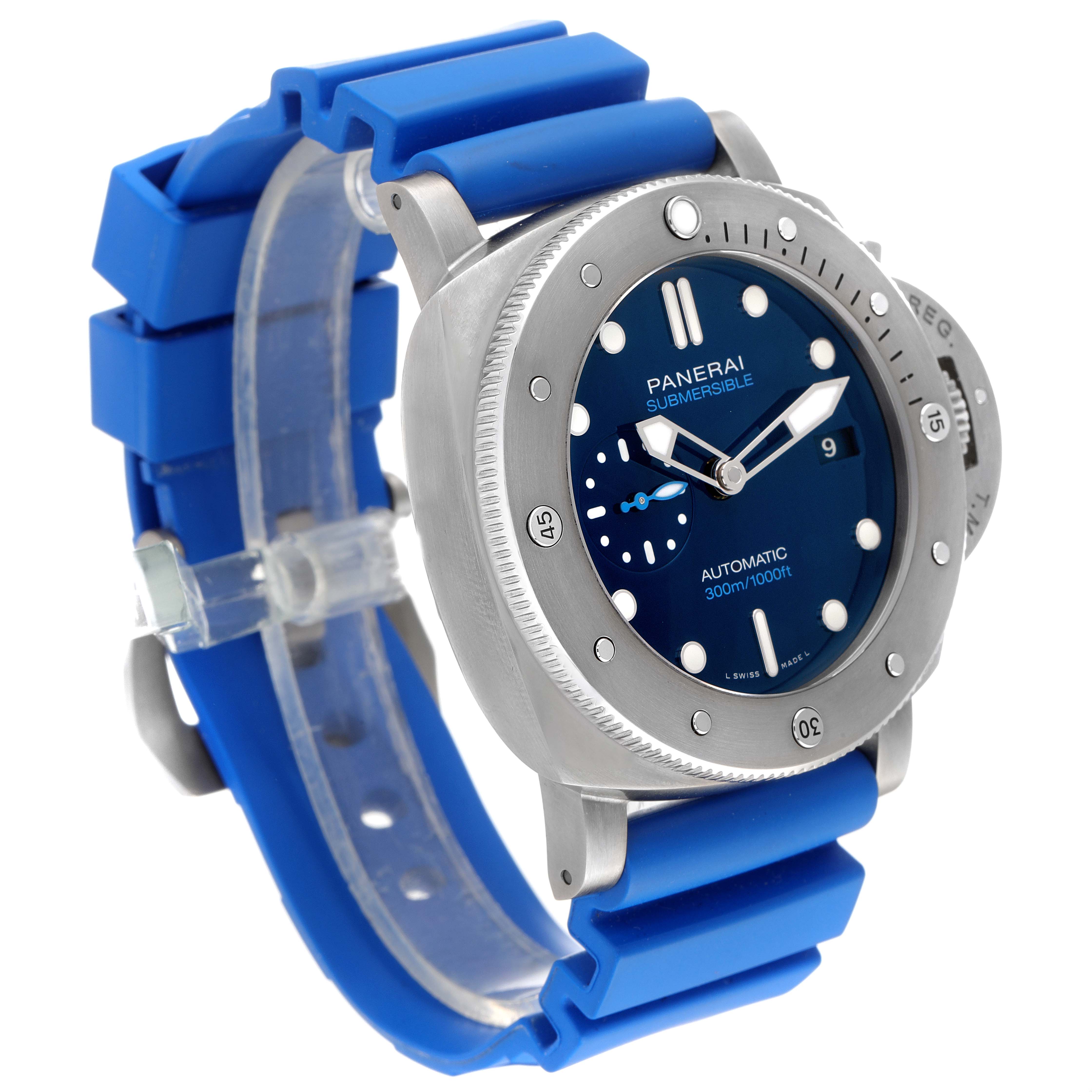 The image shows a Panerai Submersible PAM00692 Men's Titanium Blue Dial PAM00692 Men's Titanium Blue Dial watch from a front-left angle, highlighting its blue dial, bezel, and blue strap.