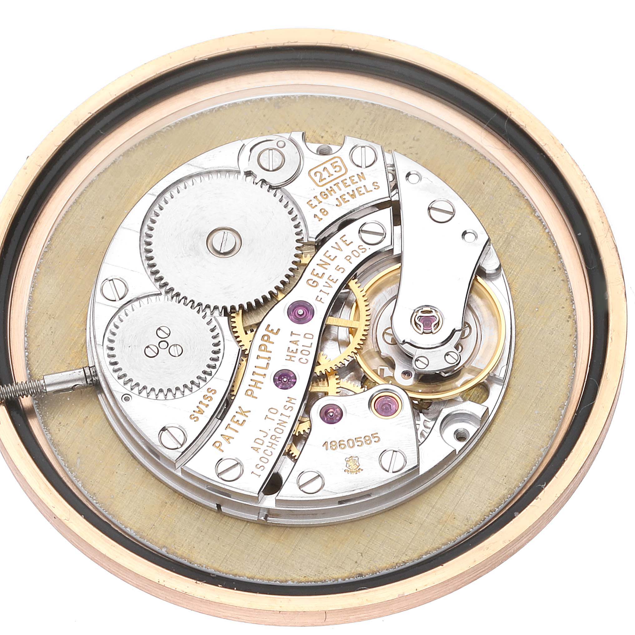 This image shows the detailed movement and inner workings of the Patek Philippe Calatrava 3919R Men's Rose Gold White Dial 3919R Men's Rose Gold White Dial model.