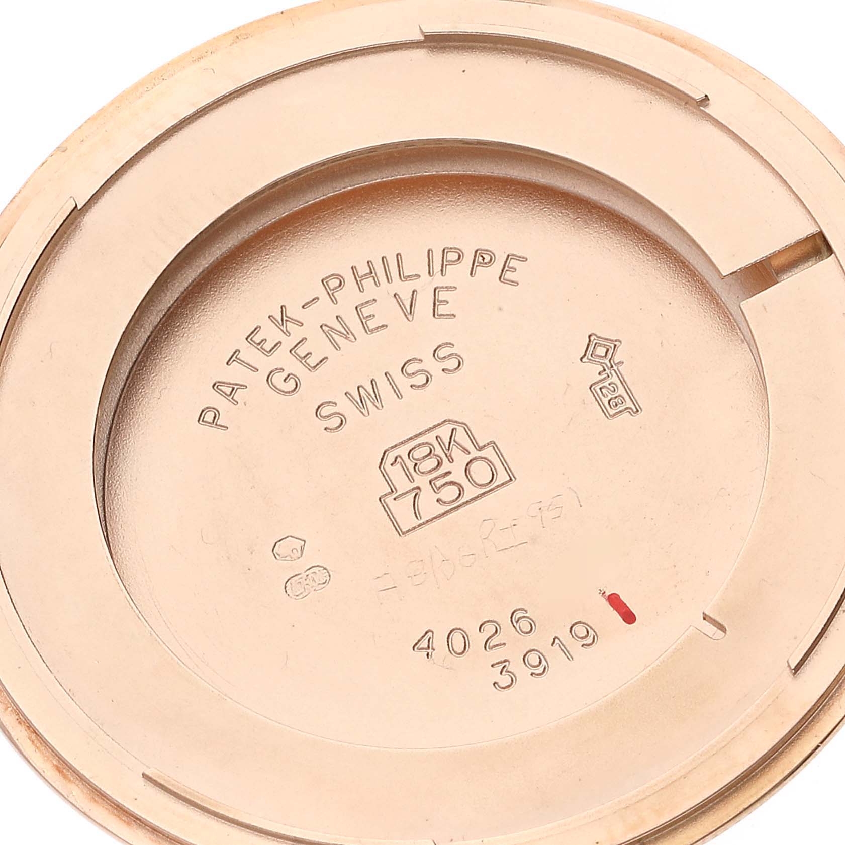 This image shows the inner case back of a Patek Philippe Calatrava 3919R Men's Rose Gold White Dial 3919R Men's Rose Gold White Dial watch, highlighting the engravings.