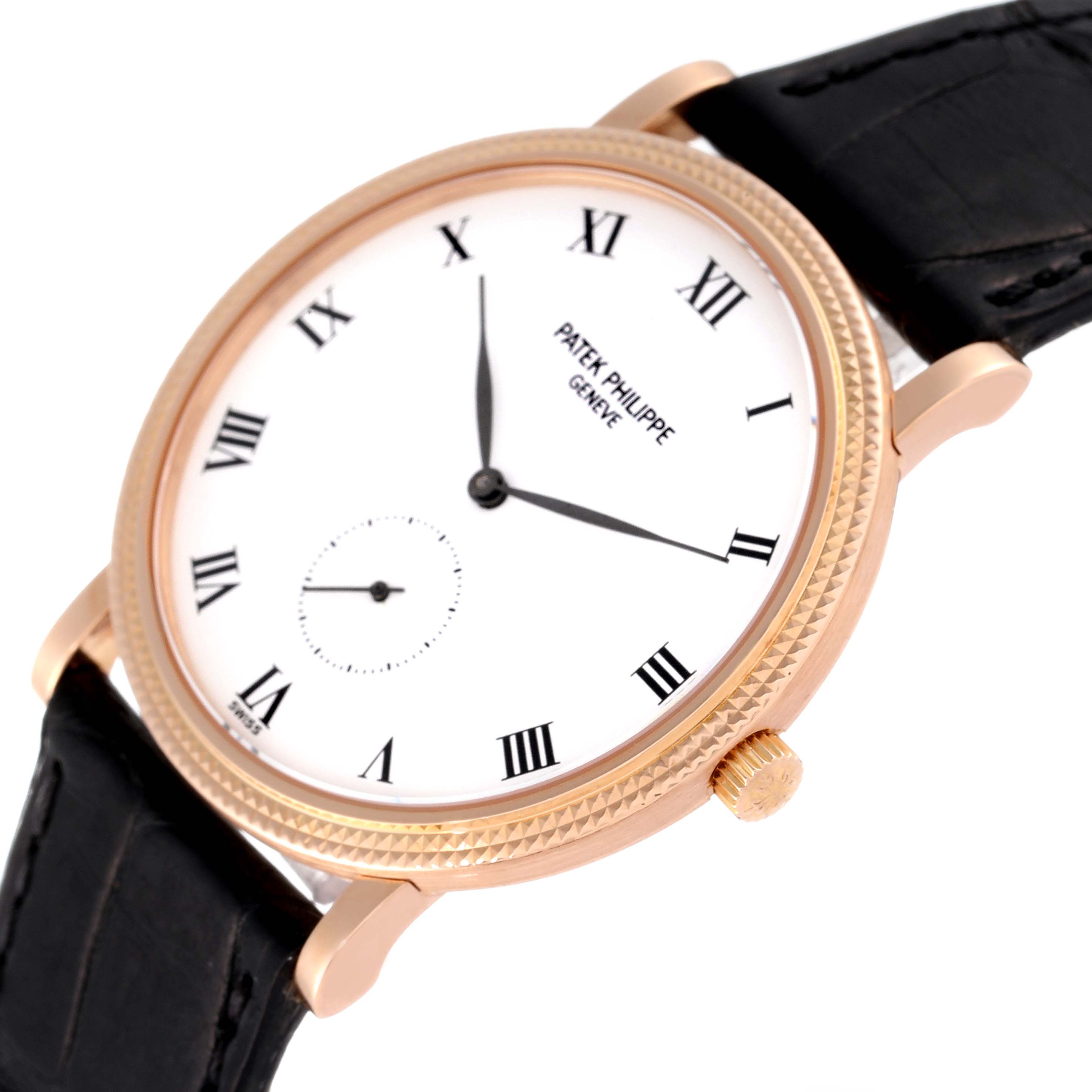 The image shows a side view of the Patek Philippe Calatrava 3919R Men's Rose Gold White Dial 3919R Men's Rose Gold White Dial watch, highlighting the dial, crown, and part of the strap.