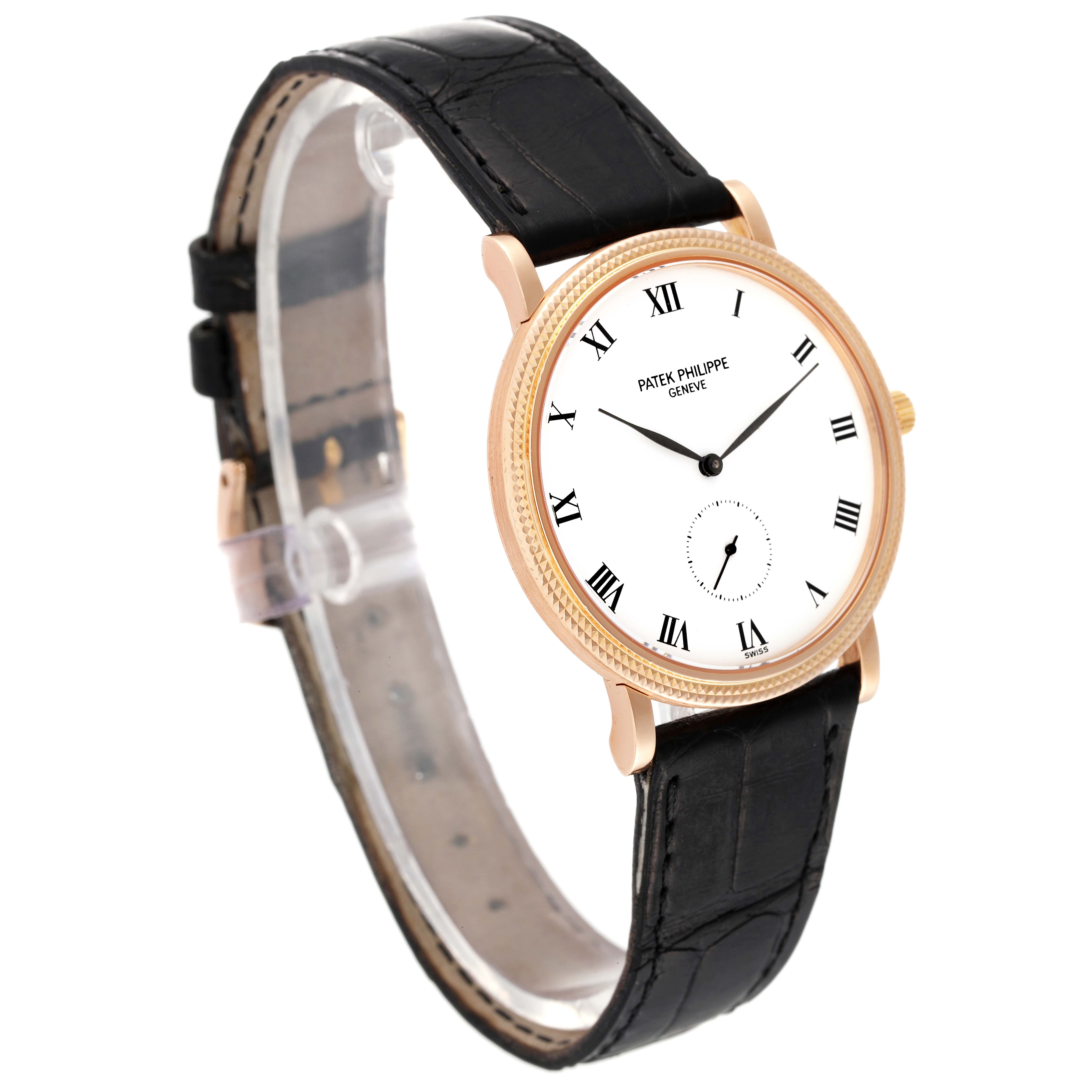 This image shows a side angle of a Patek Philippe Calatrava 3919R Men's Rose Gold White Dial 3919R Men's Rose Gold White Dial watch, highlighting the round face, black leather strap, and Roman numeral markers.