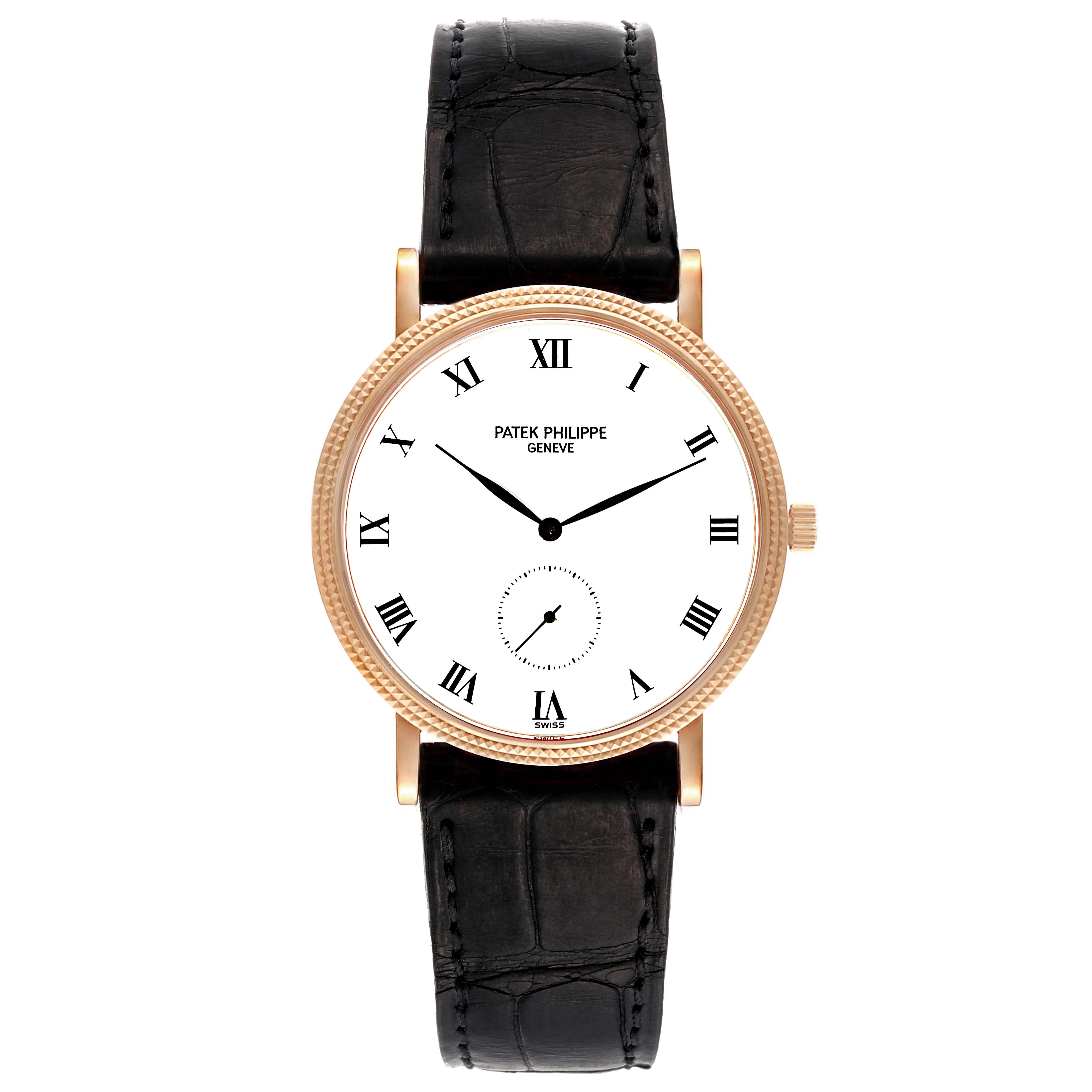The image shows a front view of a Patek Philippe Calatrava 3919R Men's Rose Gold White Dial 3919R Men's Rose Gold White Dial watch with a black leather strap and a gold case with Roman numerals.