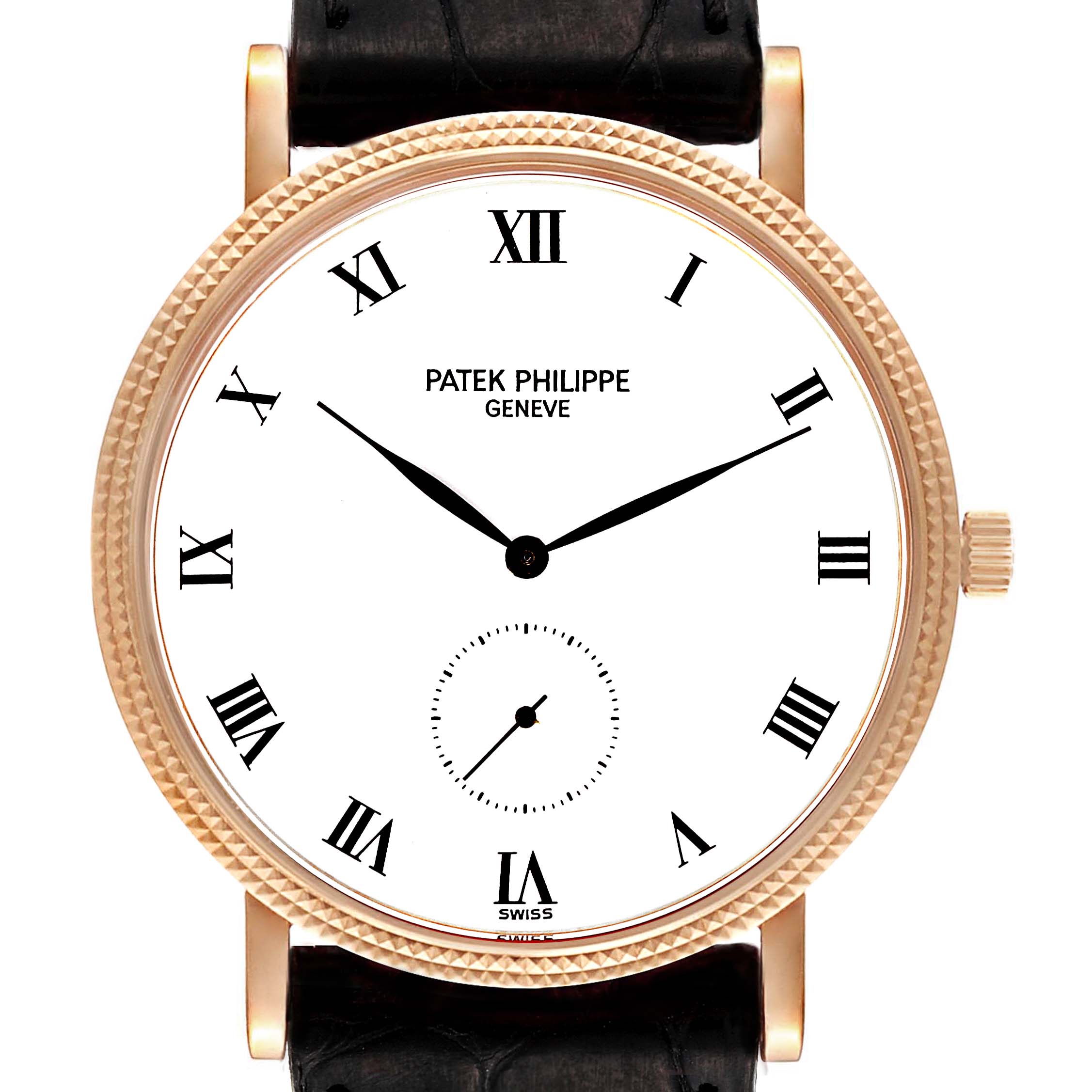 The image shows a front view of a Patek Philippe Calatrava 3919R Men's Rose Gold White Dial 3919R Men's Rose Gold White Dial watch, highlighting its dial, hands, and leather strap.