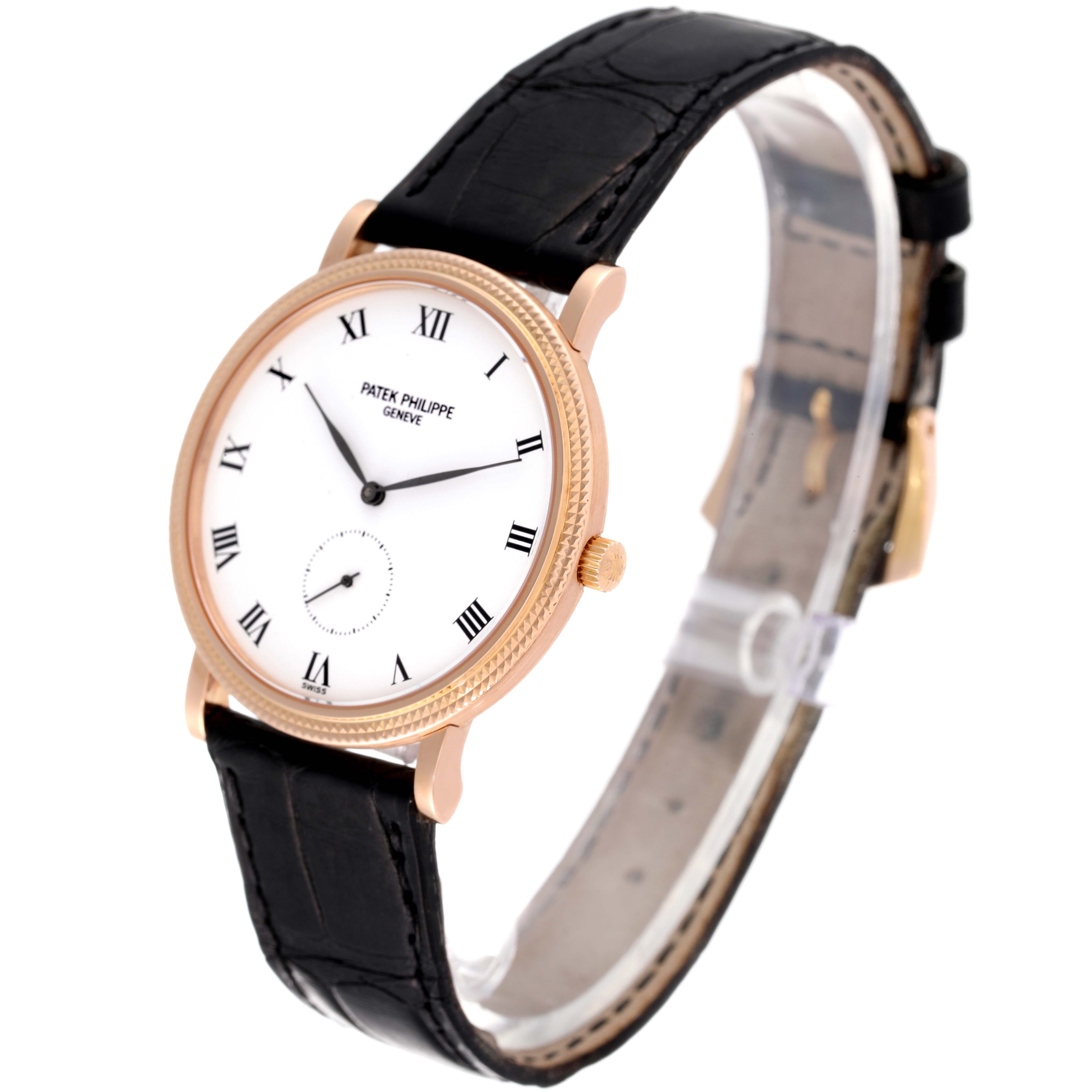 This is a side-angle view of the Patek Philippe Calatrava 3919R Men's Rose Gold White Dial 3919R Men's Rose Gold White Dial model, showcasing the dial, bezel, strap, and crown.