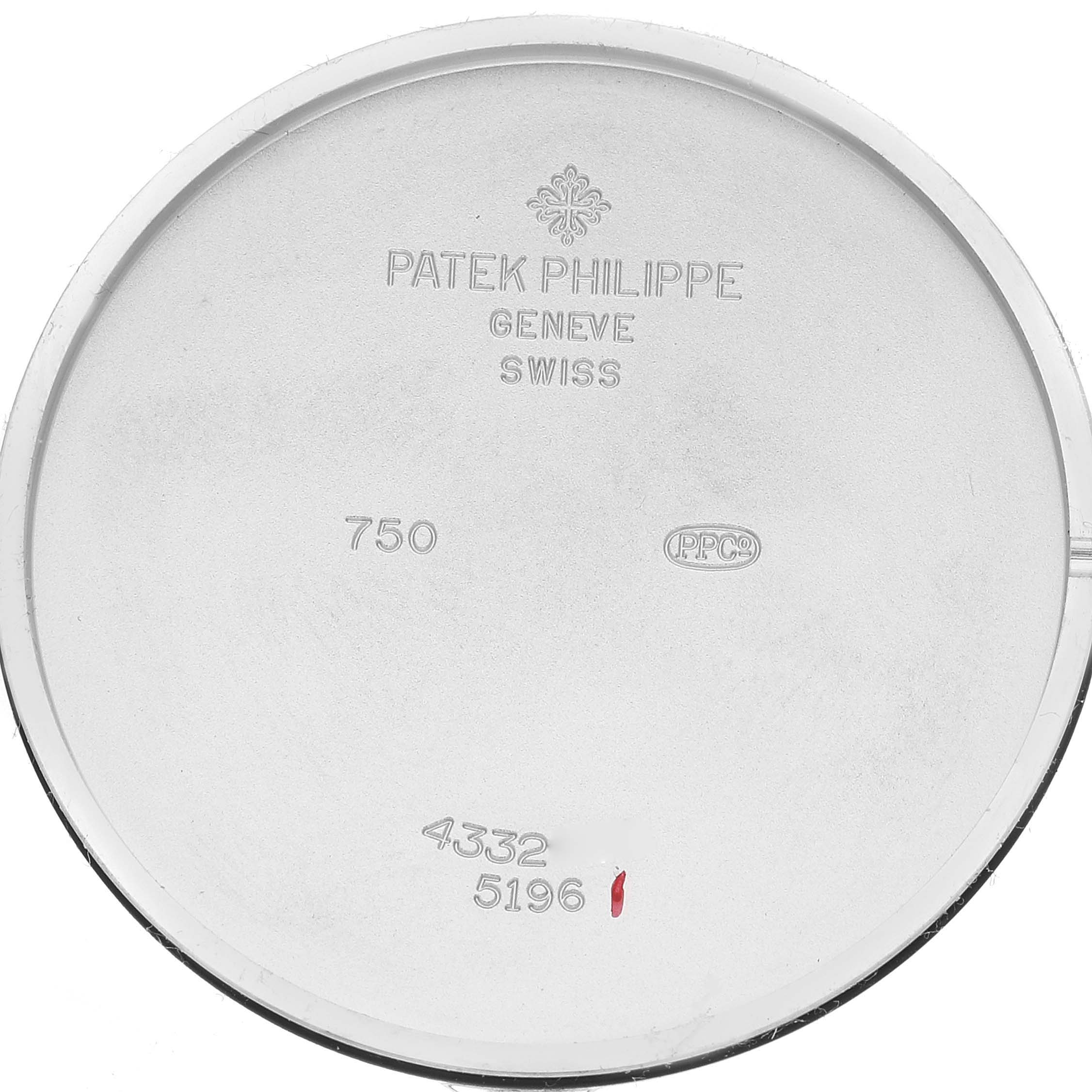 This is the inside case back of a Patek Philippe Calatrava 5196G Men's White Gold Silver Dial 5196G Men's White Gold Silver Dial watch, showing the brand, model, and hallmark engravings.