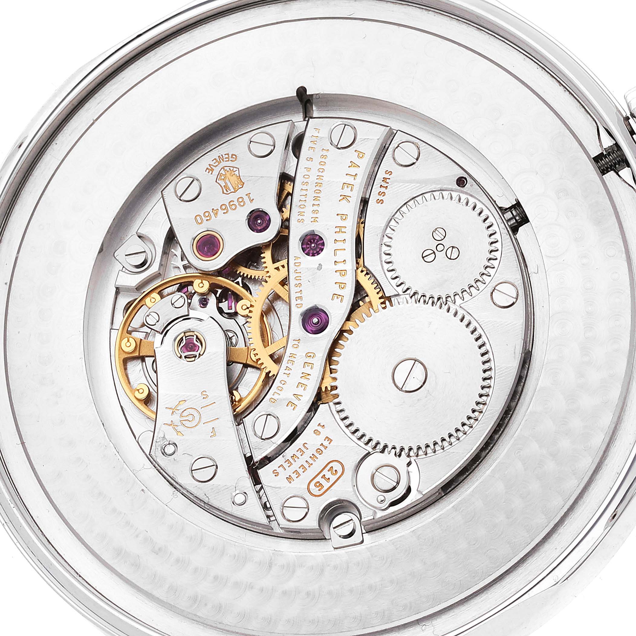 The image shows a close-up view of the movement and mechanisms of a Patek Philippe Calatrava 5196G Men's White Gold Silver Dial 5196G Men's White Gold Silver Dial watch.