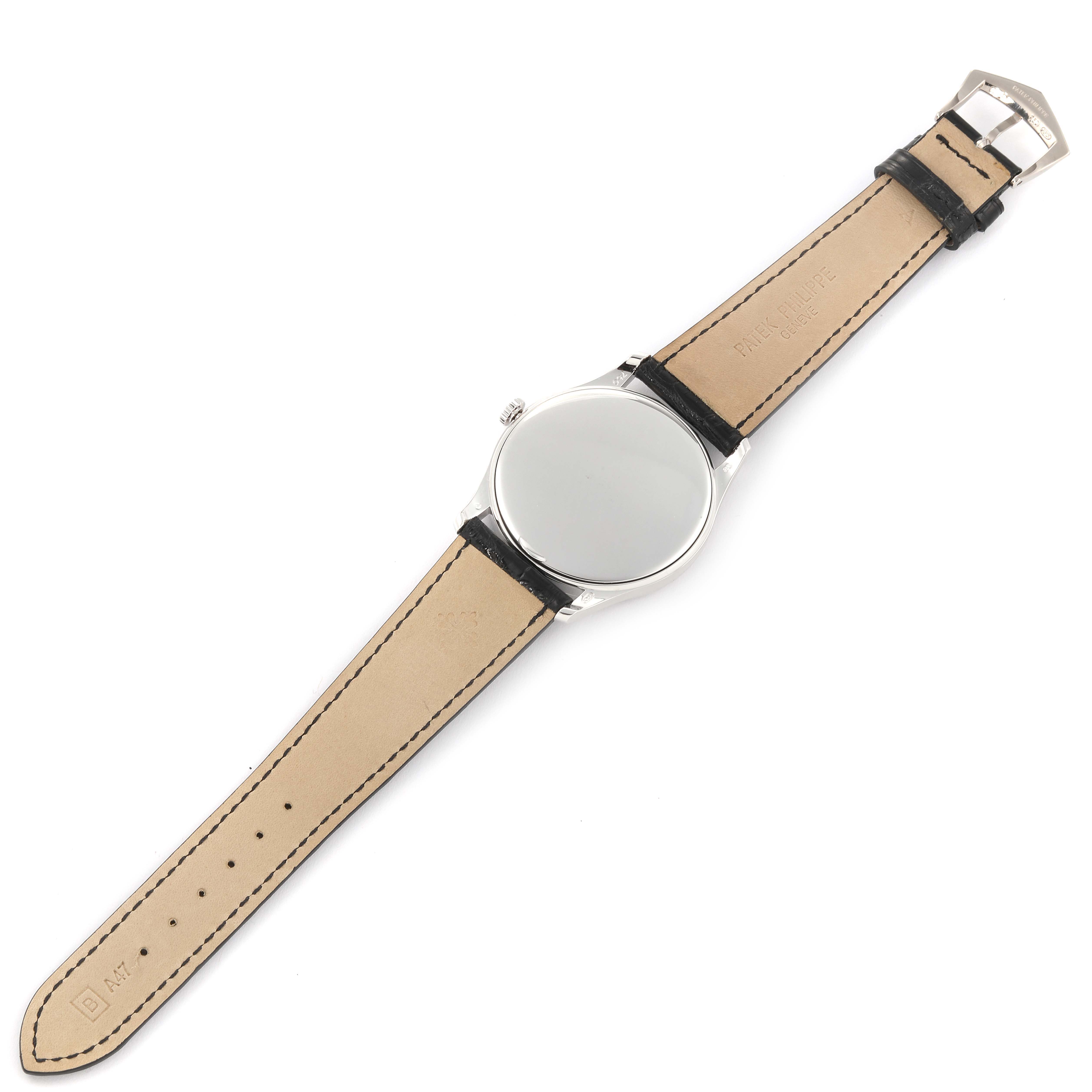 This image shows the back view of a Patek Philippe Calatrava 5196G Men's White Gold Silver Dial 5196G Men's White Gold Silver Dial watch, displaying the leather strap and metal buckle.