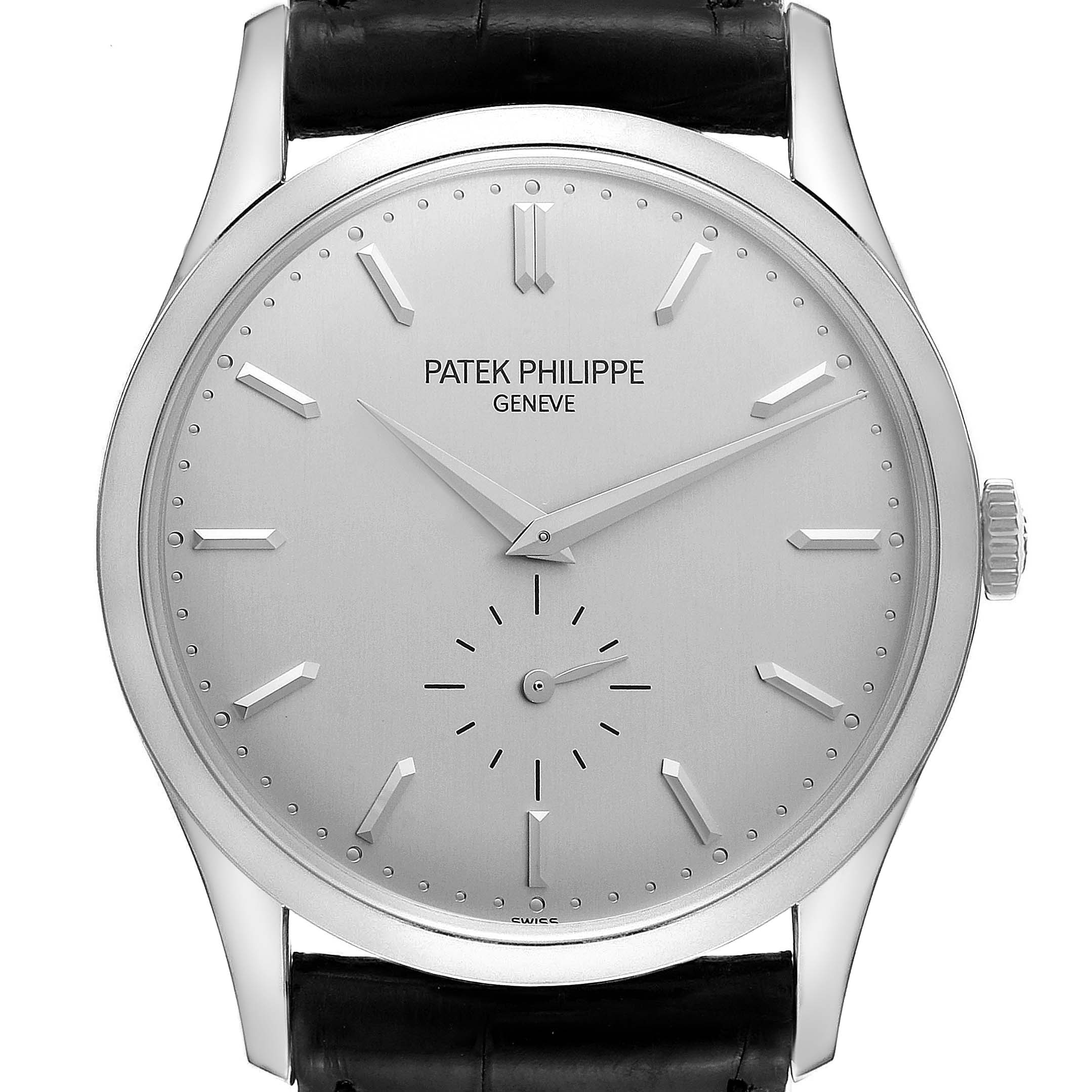 The image shows a front view of a Patek Philippe Calatrava 5196G Men's White Gold Silver Dial 5196G Men's White Gold Silver Dial watch with a silver dial and black leather strap.